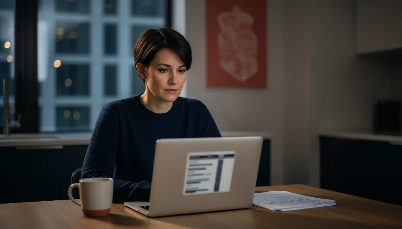 A CFO sits at a laptop at a kitchen table late in the evening, a spreadsheet open with rows labeled escrow, holdback, and earn-out, a coffee mug and a printed term sheet beside the keyboard.