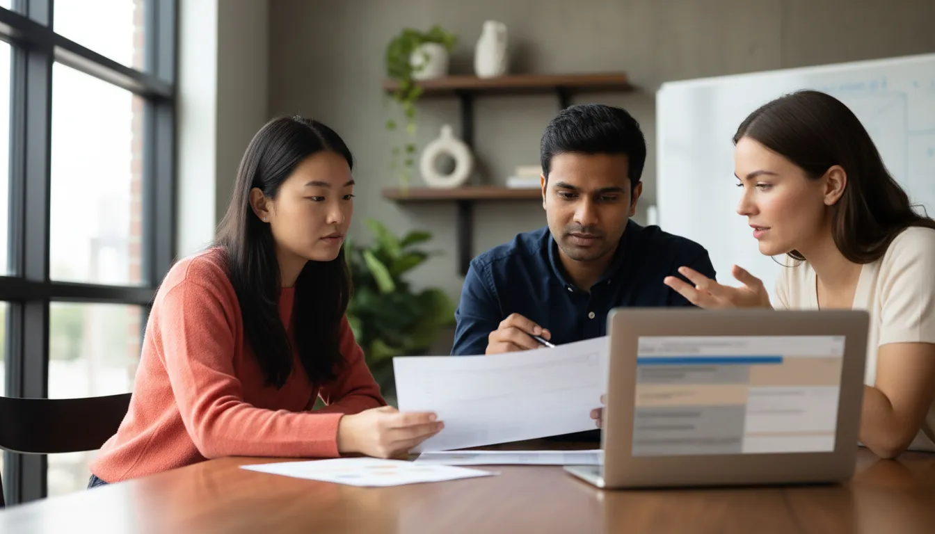 A small founder-led team sits around a laptop in a startup office, cross-referencing a printed checklist against clauses on screen before sending a document to outside counsel.