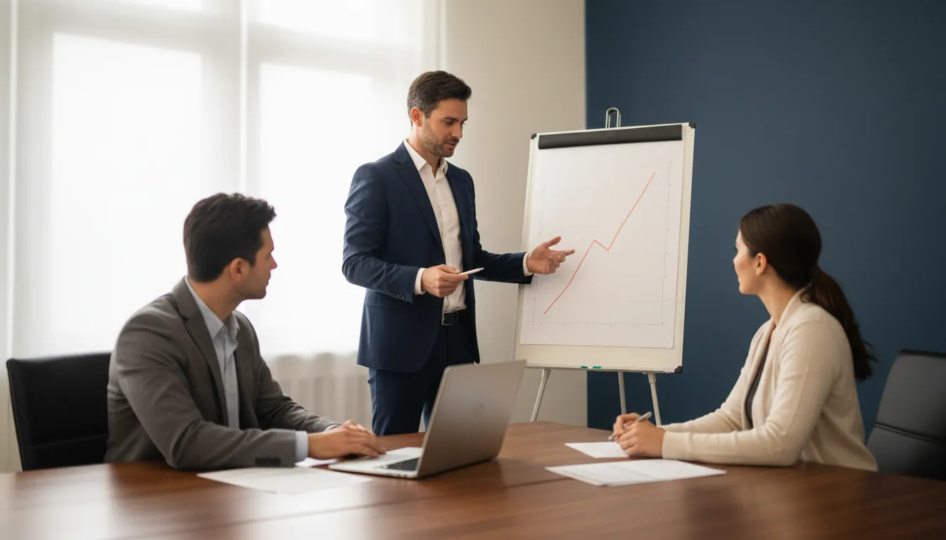 A CFO standing beside a printed chart on an easel, walking two seated investors through a gross margin trendline in a small bright conference room with a laptop open on the table.
