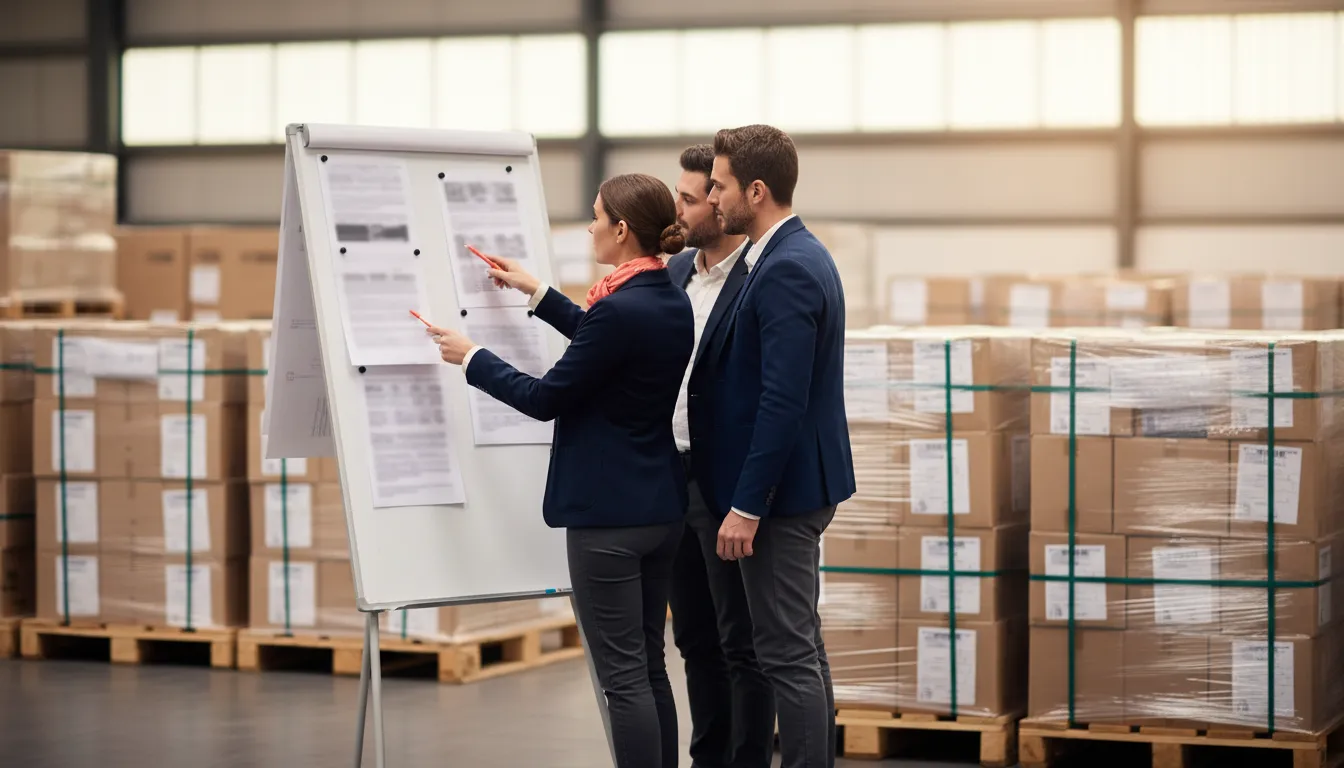 A small operations team standing in a warehouse aisle reviewing printed SKU performance sheets pinned to a whiteboard, pointing at specific line items, pallets of packaged product in the background.