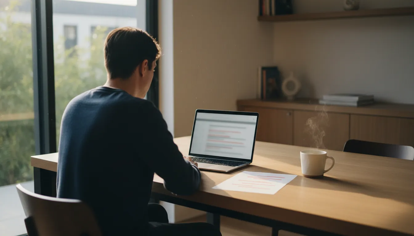 A founder at a kitchen-table office desk reviewing a laptop spreadsheet and a simple cash runway chart printed on paper, coffee mug nearby, morning light through a window.
