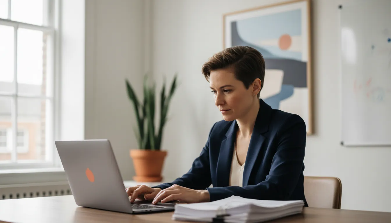 A founder of a growing company sitting at a laptop in a modest office, looking at a simple bank balance dashboard on screen, with a stack of invoices nearby.