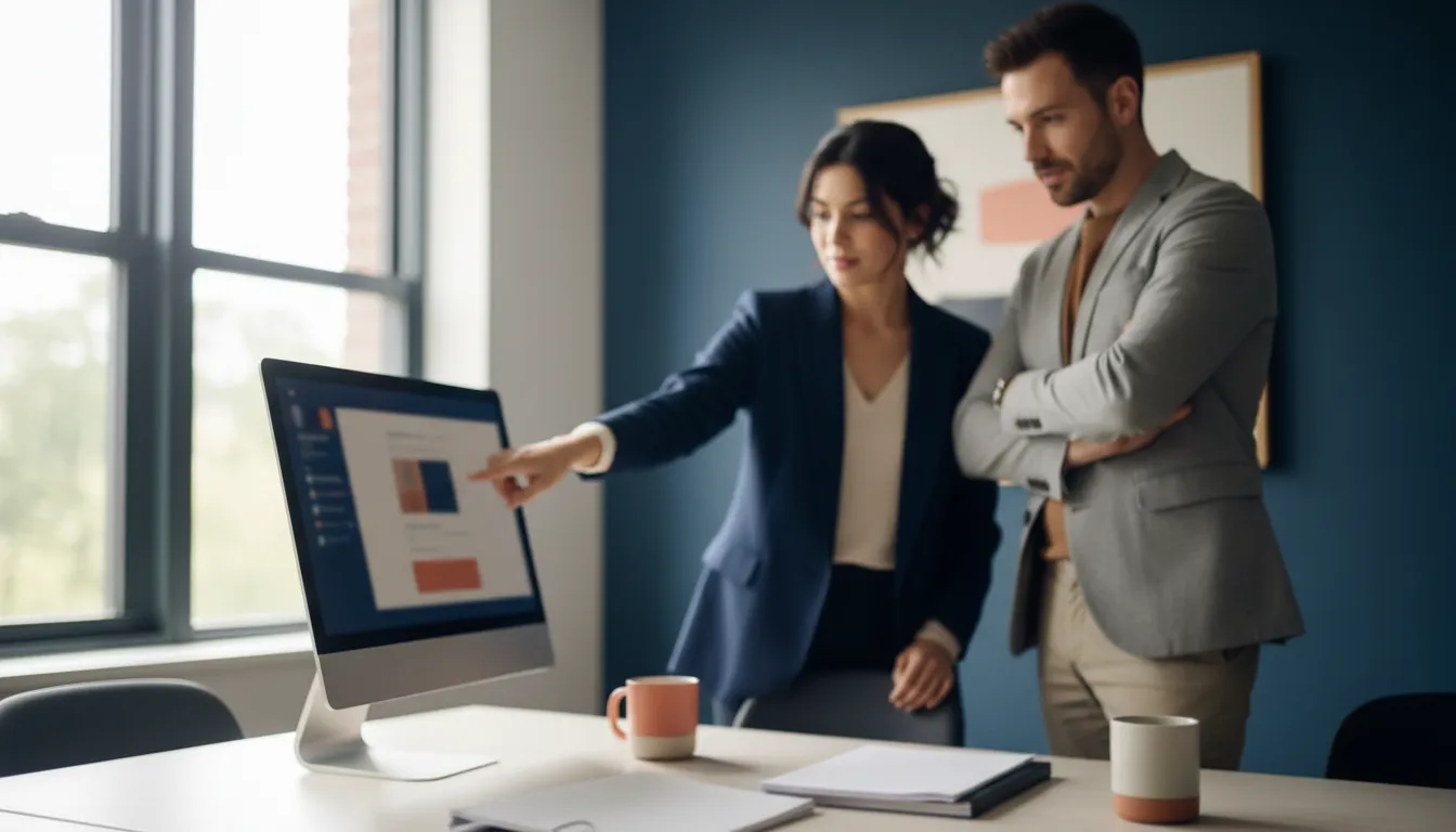Two finance team members reviewing a payment approval workflow on a shared screen in a small conference room, one pointing at an approval threshold setting.