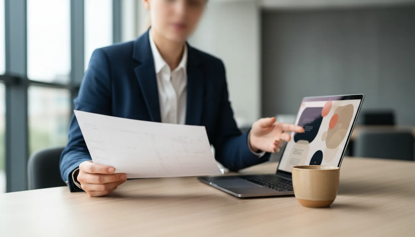 A finance manager comparing a printed spreadsheet forecast against a laptop screen showing an automated dashboard, at a desk with a coffee cup, mid-morning light.