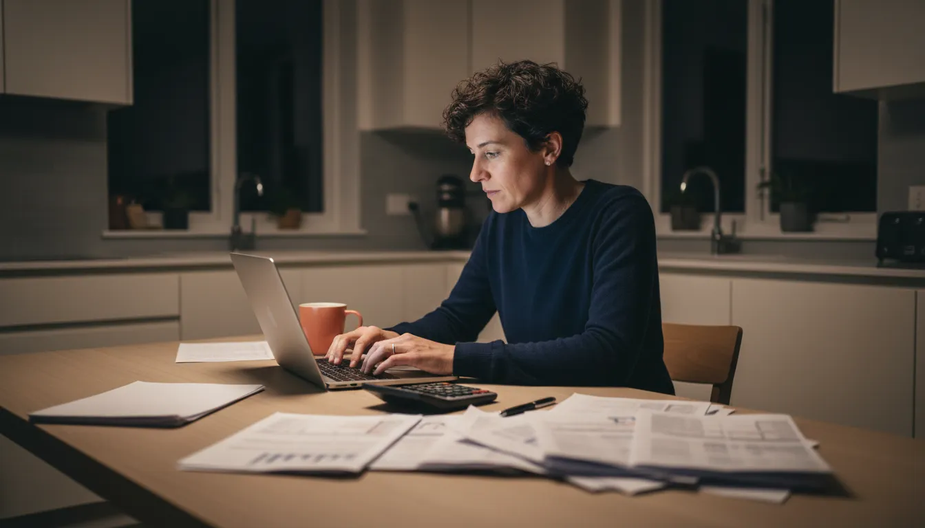 A founder sitting at a kitchen table late at night with a laptop, calculator, and a stack of brokerage statements, working through numbers after a stock sale.