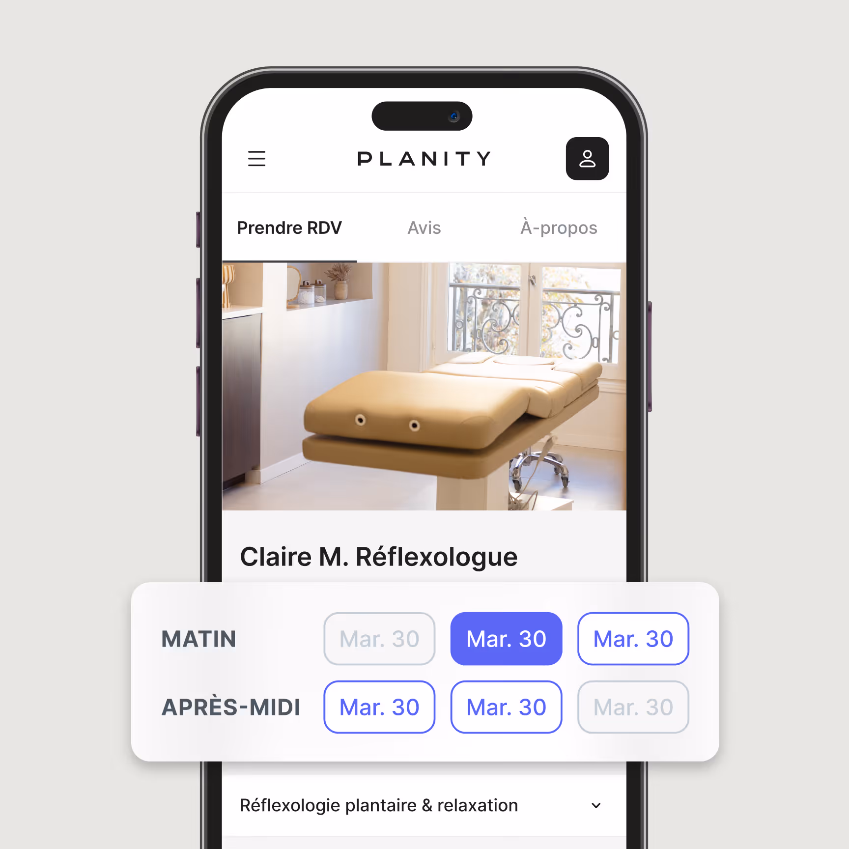 Mobile app screen showing booking options for reflexologist Claire M. with available time slots on March 30.