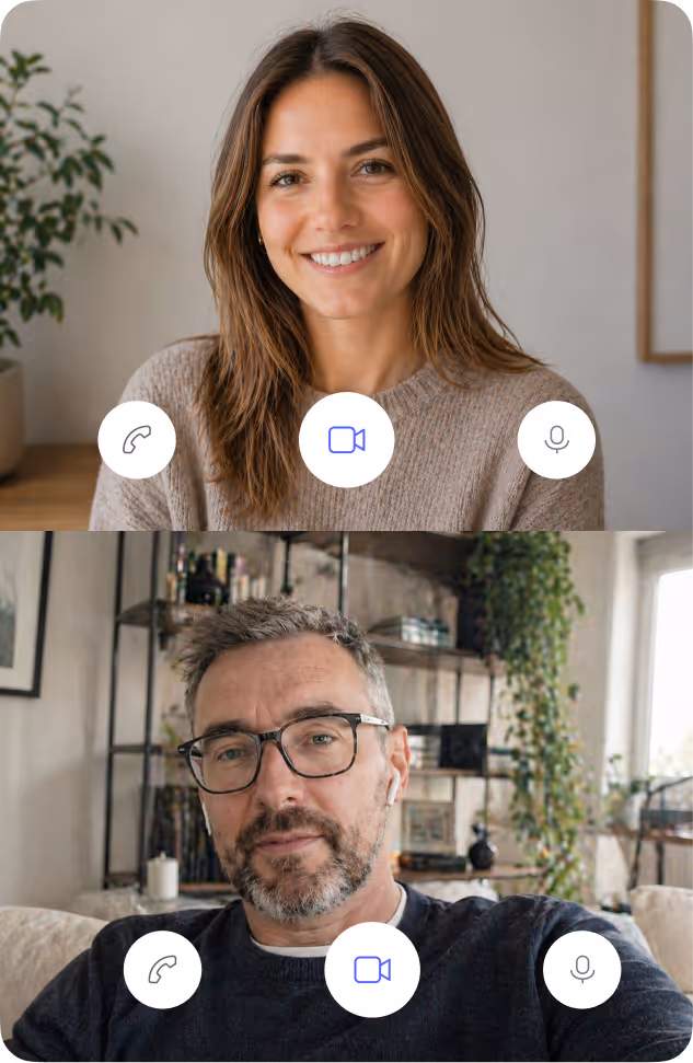 Video call split screen with a smiling woman in beige sweater and man wearing glasses and earbuds.