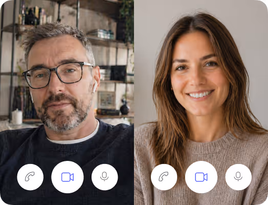 Video call screen showing a middle-aged man with glasses and a smiling young woman with brown hair.