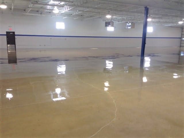 Clear polyaspartic sealer on commercial warehouse floor with blue wall stripe — PPD Painting project