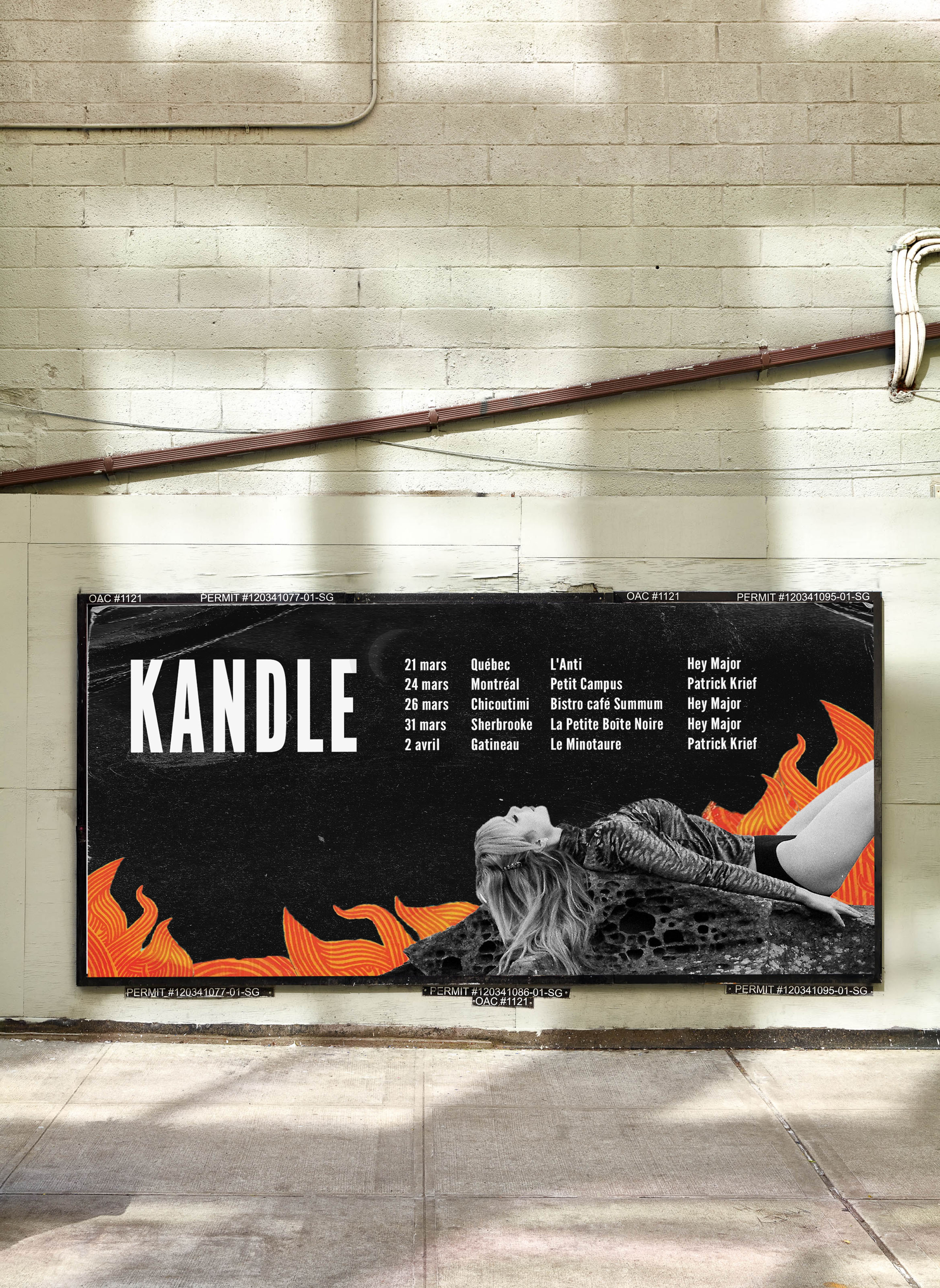I designed this tour poster for Kandle, created with digital collage. On here is a combination of bold photography and graphic flame elements through digital collage, to highlight tour dates and capture the energy of the shows.