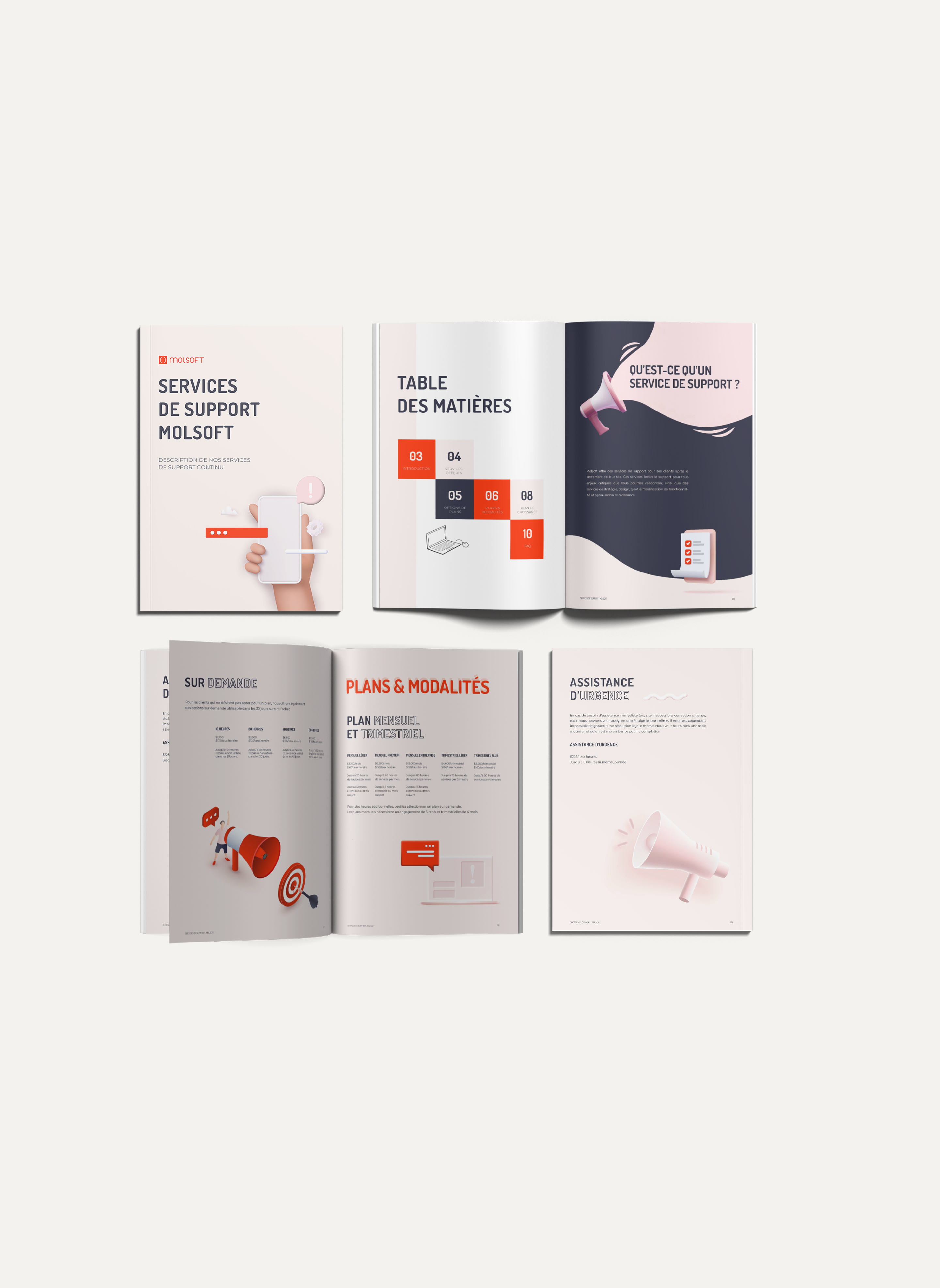 A clean, modern PDF brochure designed for a web design company to showcase Molsoft Support Services, featuring custom illustrations, bold typography, and a clear layout for easy navigation.