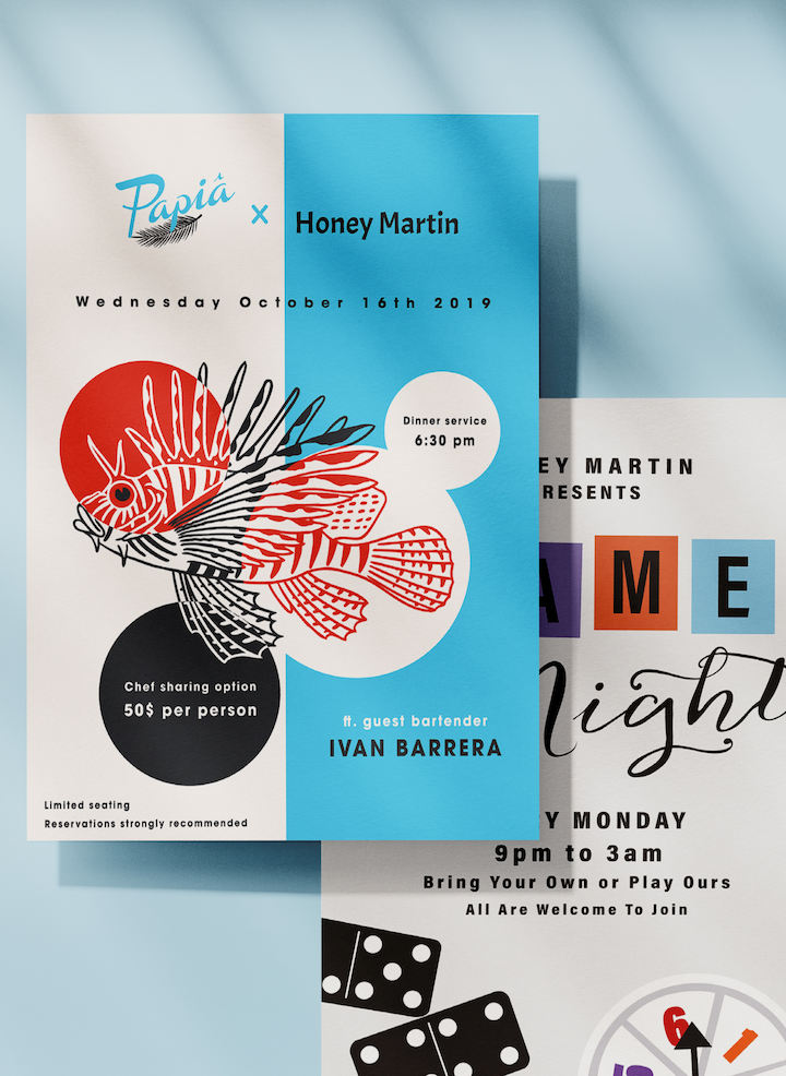 A collection of event posters I designed for a local Irish pub, promoting themed nights and special gatherings including game nights, holiday parties, and live music.