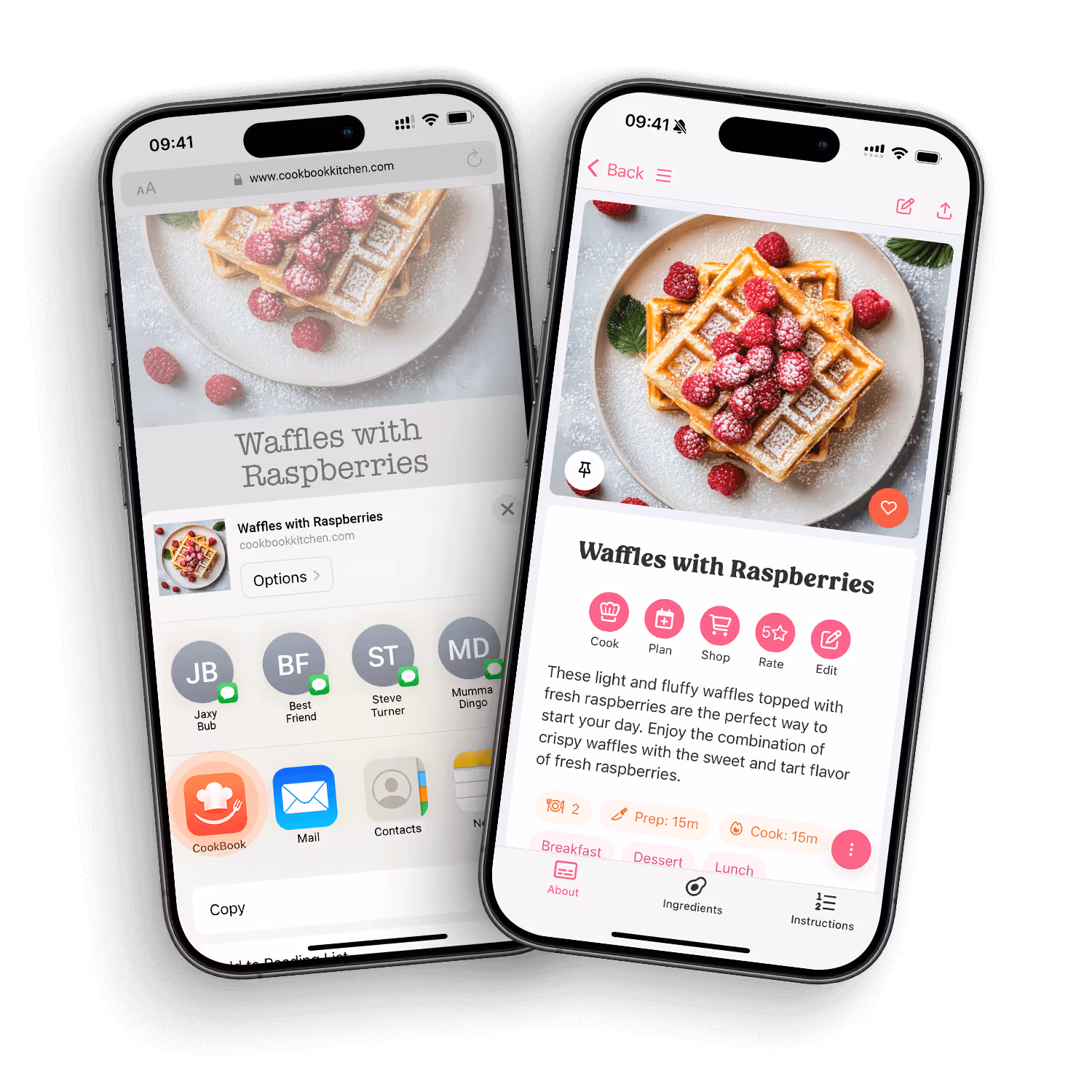 2 phones side by side showing importing from a website to CookBook