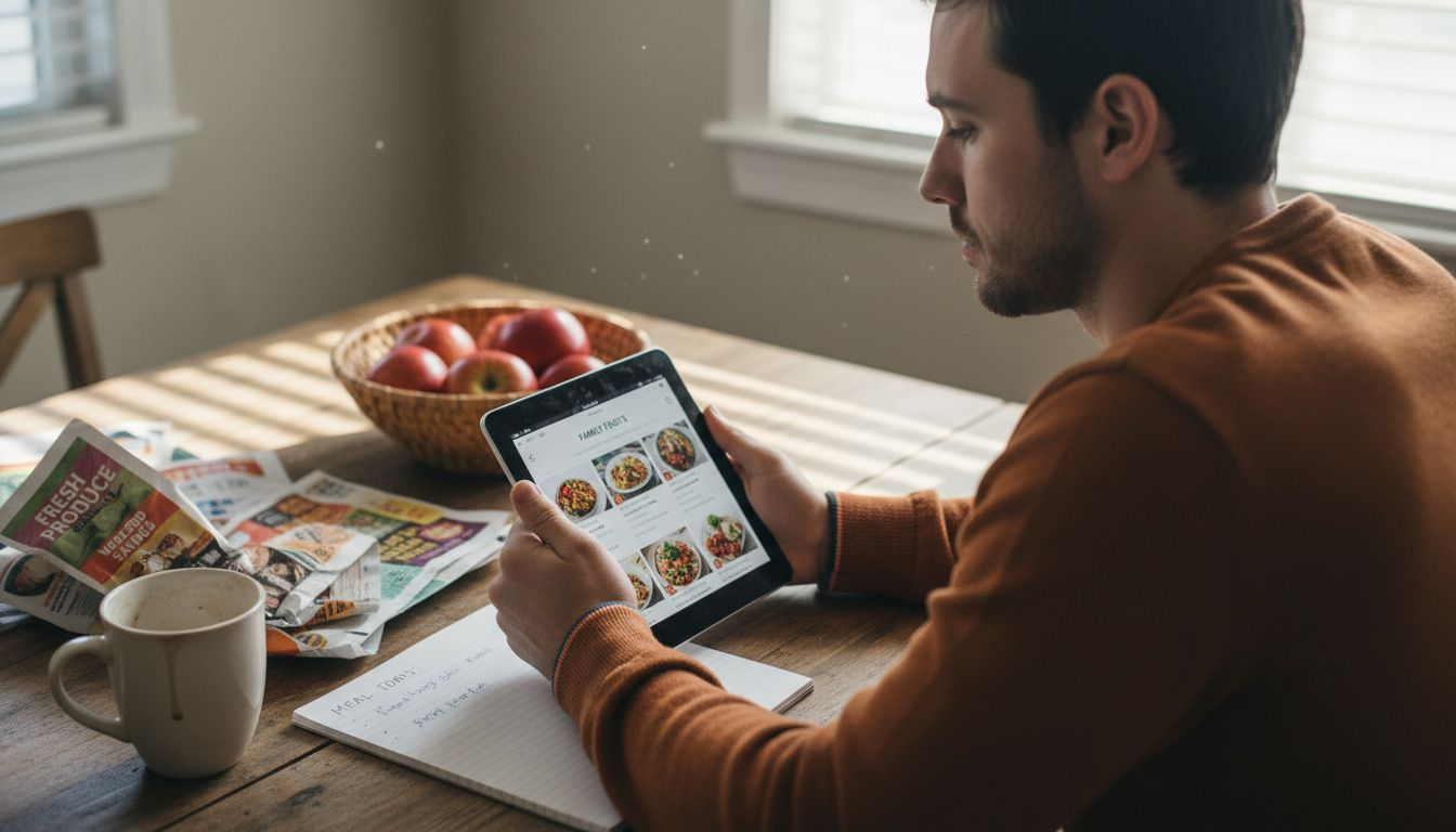Father planning meals with digital recipes