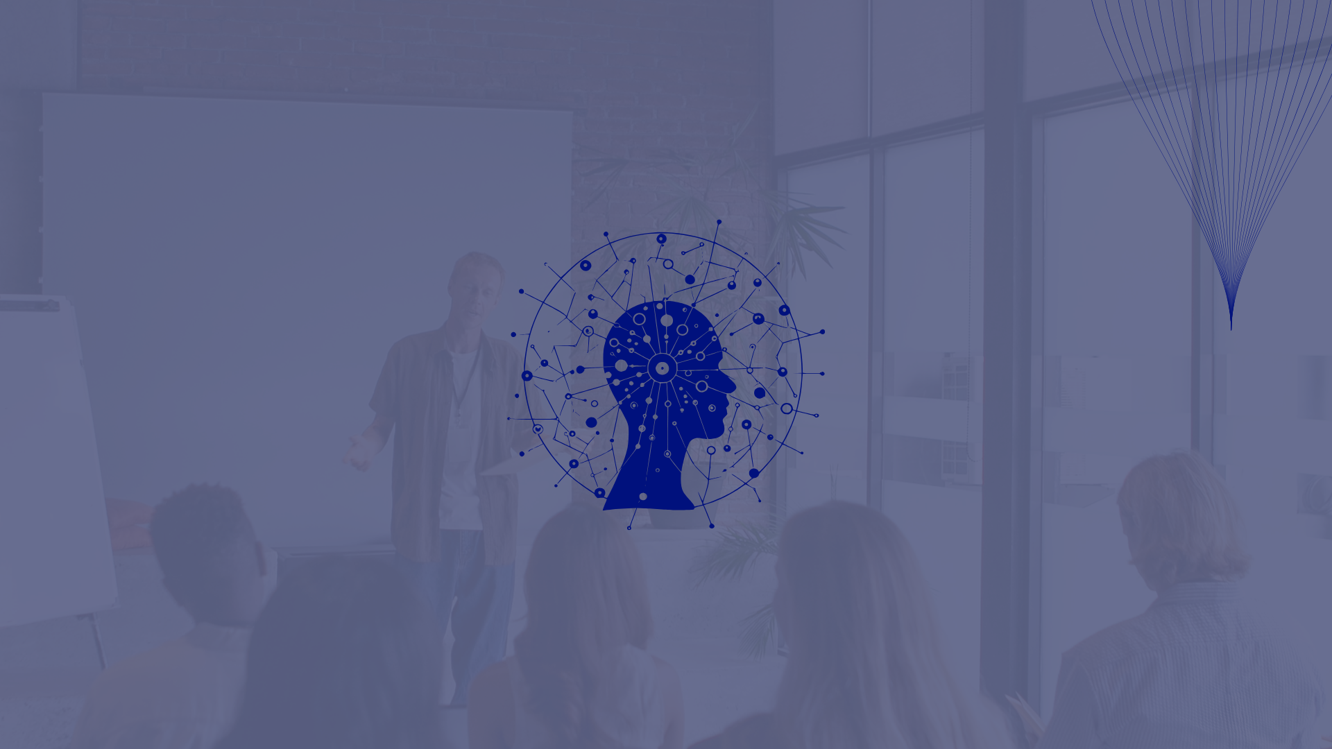 Públic borrós que assisteix a un curs, superposat amb una icona de cap humà i connectors circulars, que representen la formació sobre aprenentatge profund i xarxes neuronals