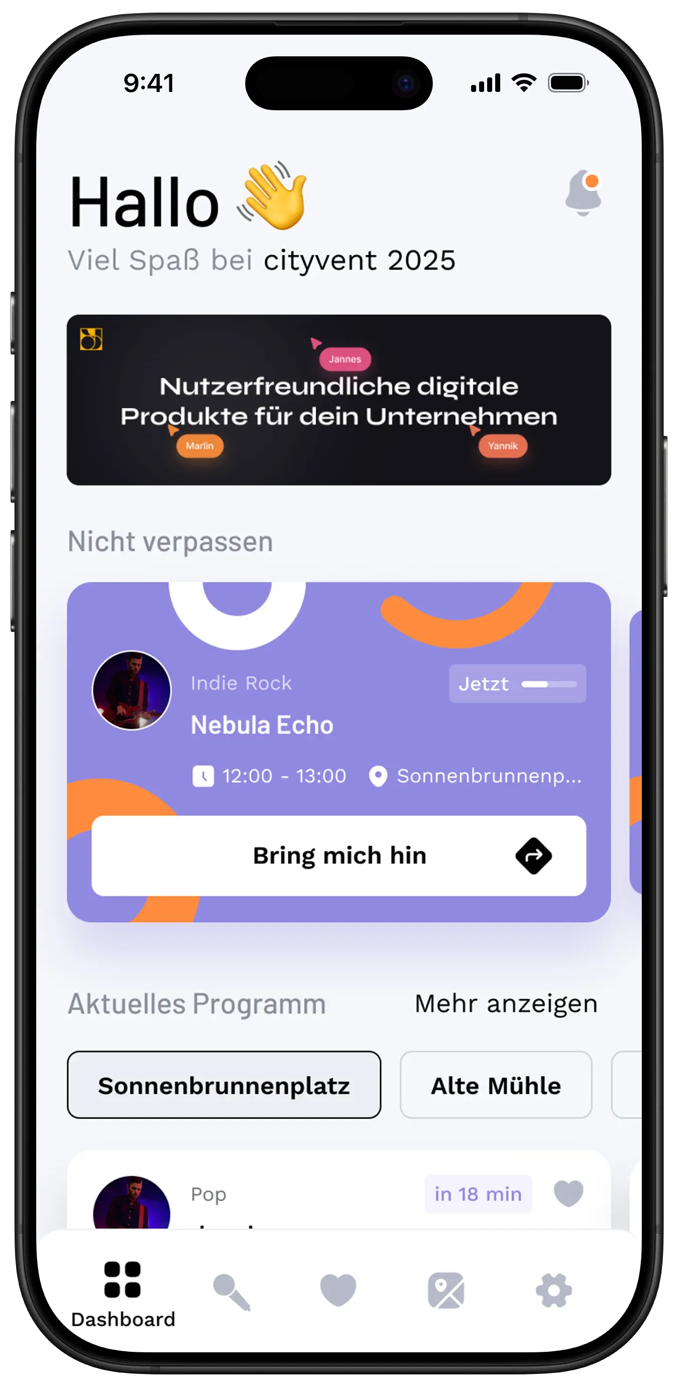 Dashboard in der cityvent App