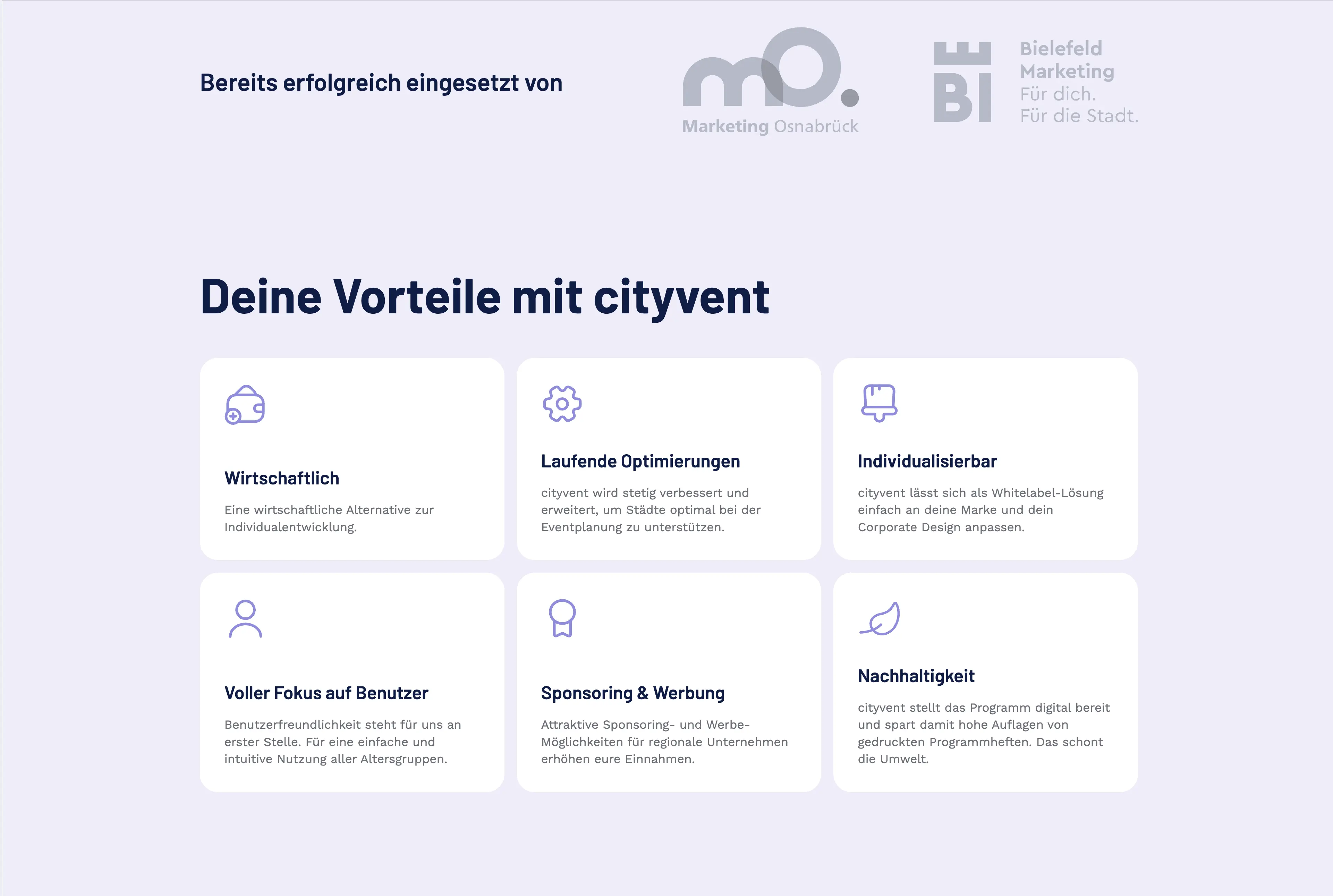 Vorteile Sektion der cityvent Website