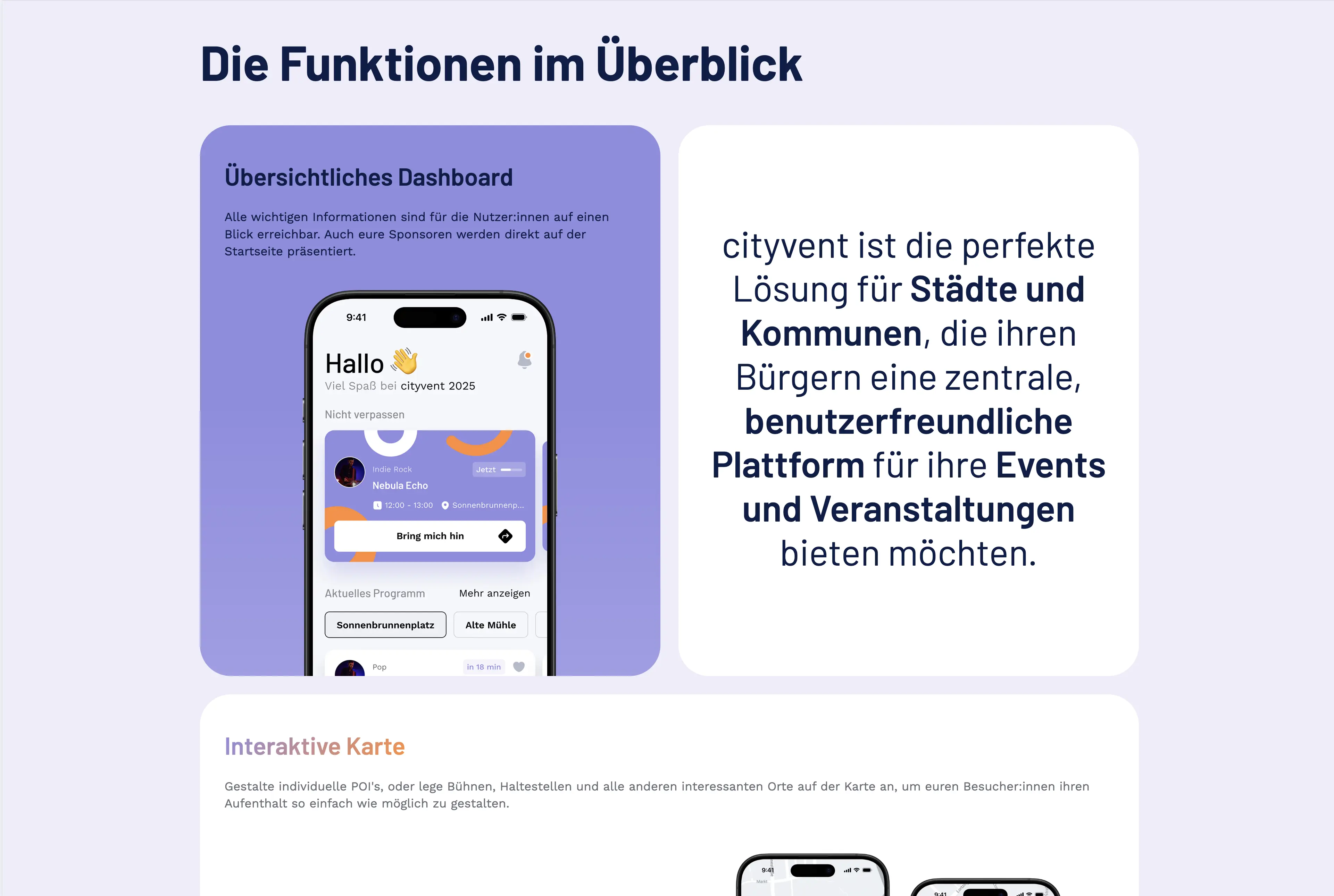 Funktionskacheln der cityvent Website