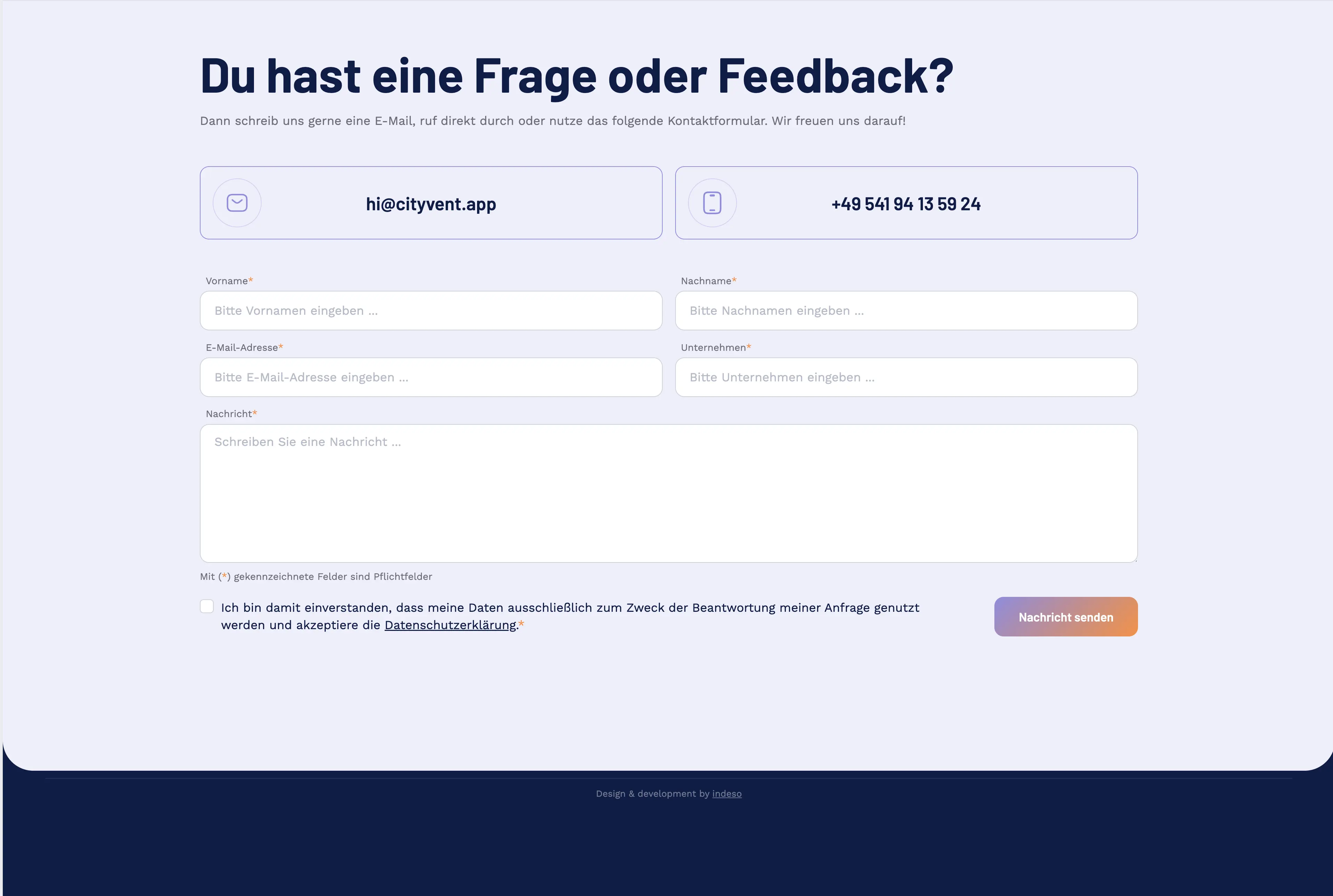 UI Design des Kontaktformulars der cityvent Website