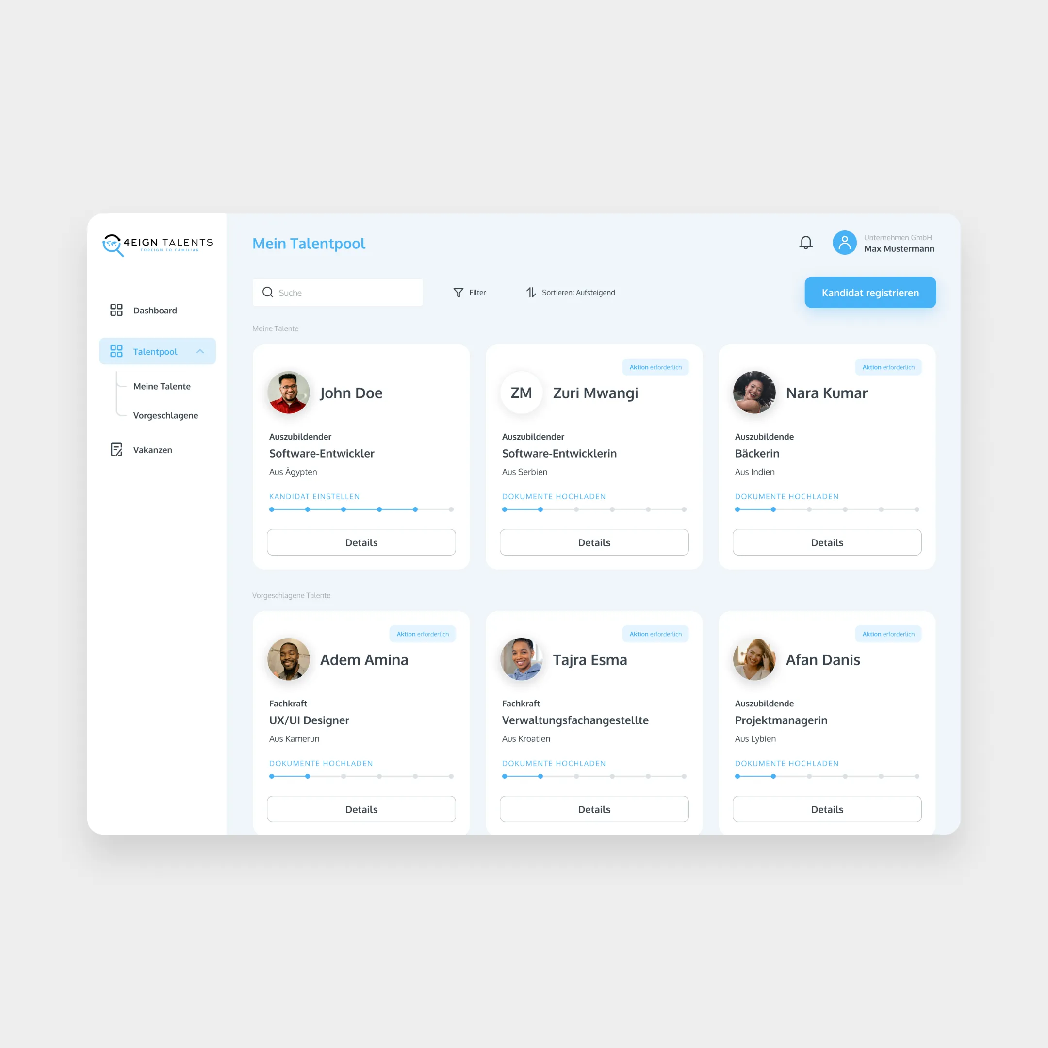 UI Design des Dashboards der Plattform