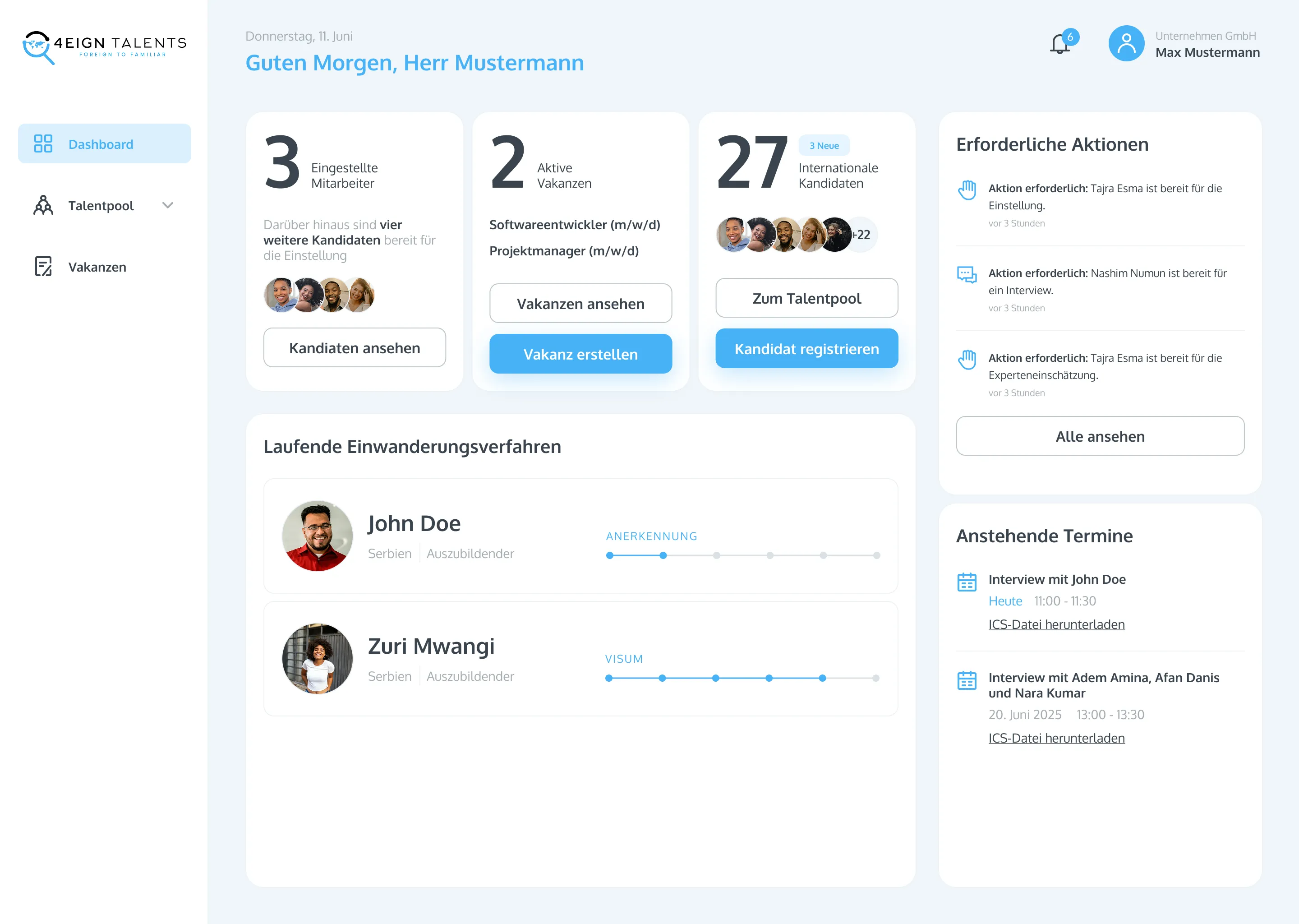 UI Design des Dashboards der Plattform