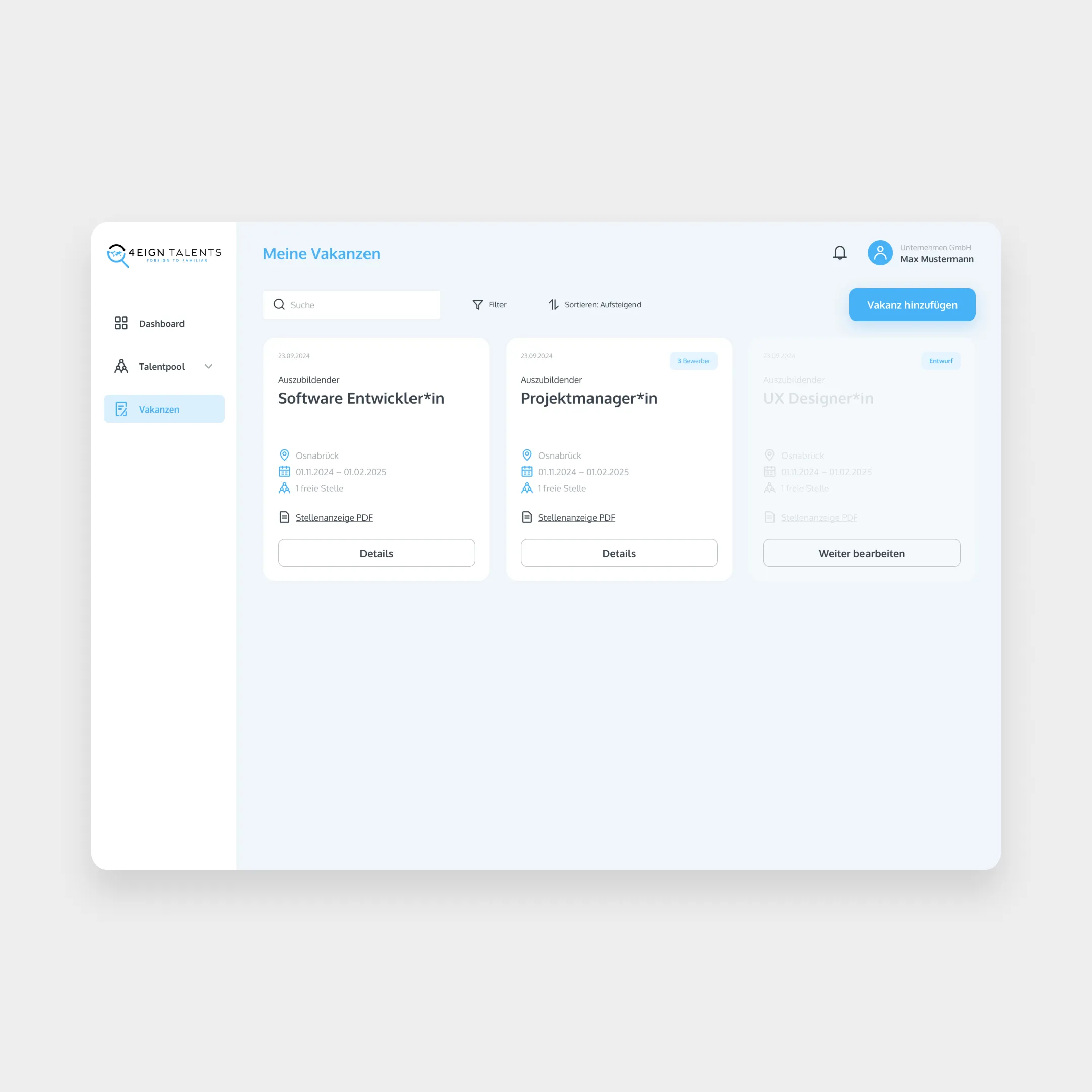 UI Design des Bereichs "Stellenanzeigen" auf der Plattform