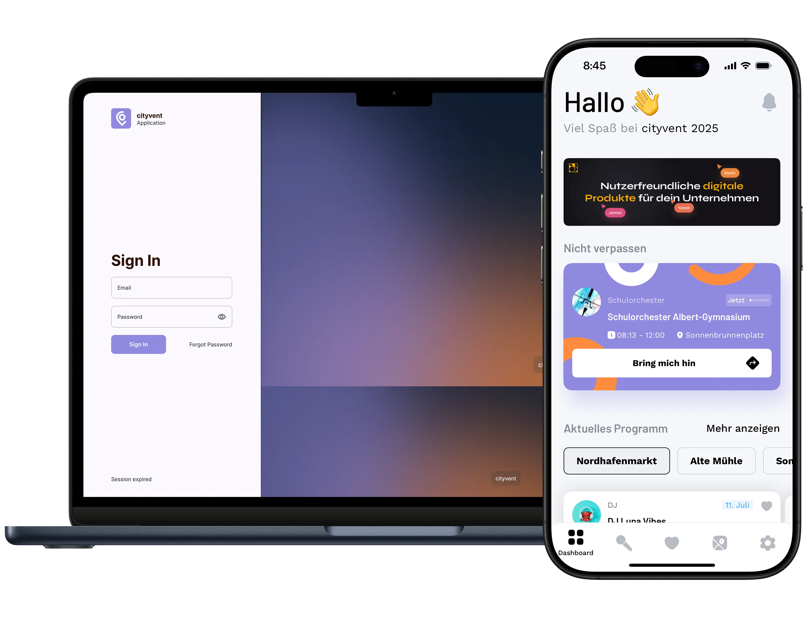 Mockup des cityvent Portals und der cityvent App