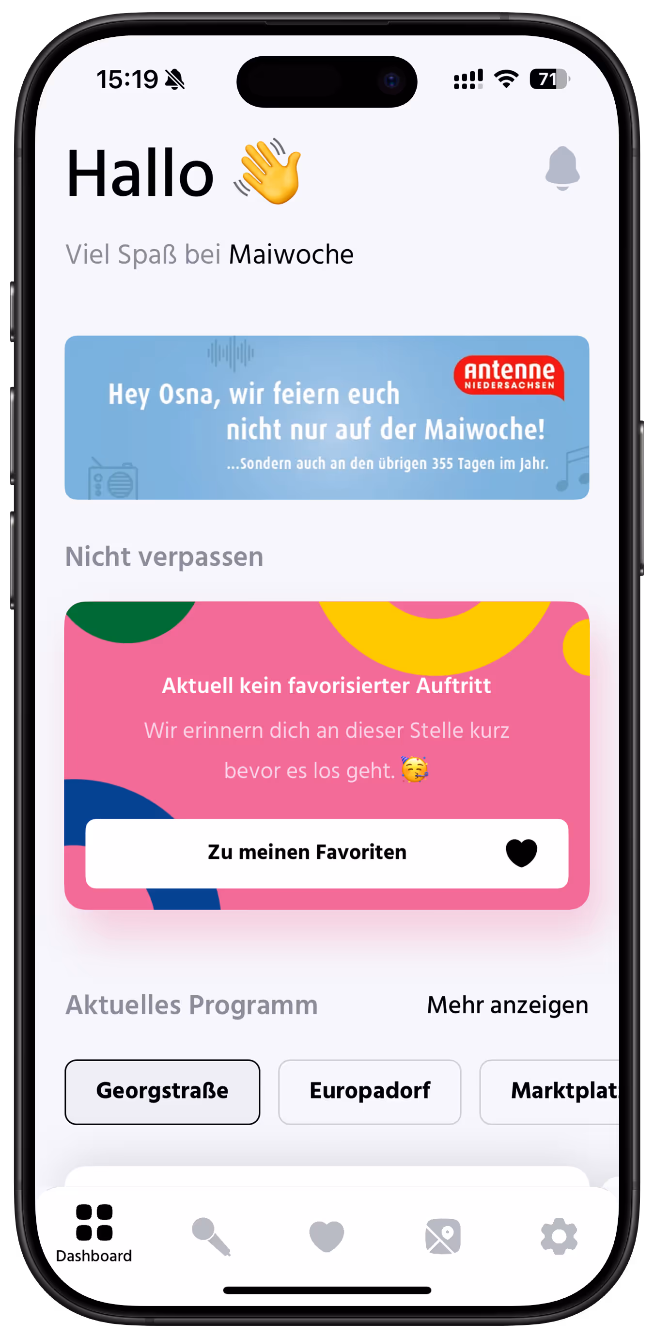 Design des Dashboards der Maiwochen App