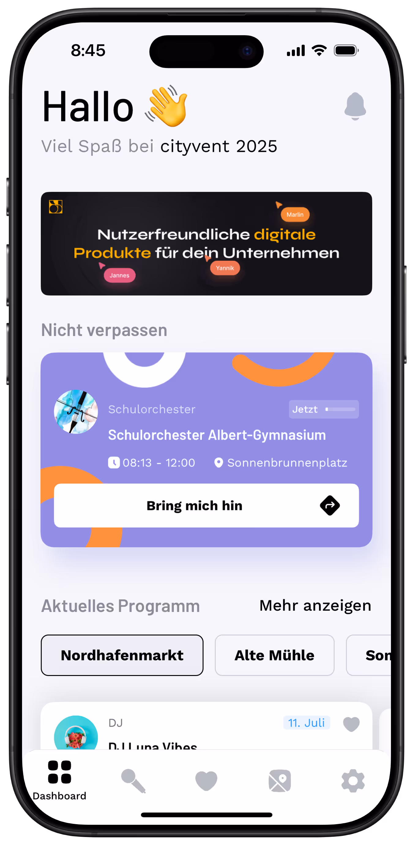 Design des Dashboards der cityvent App
