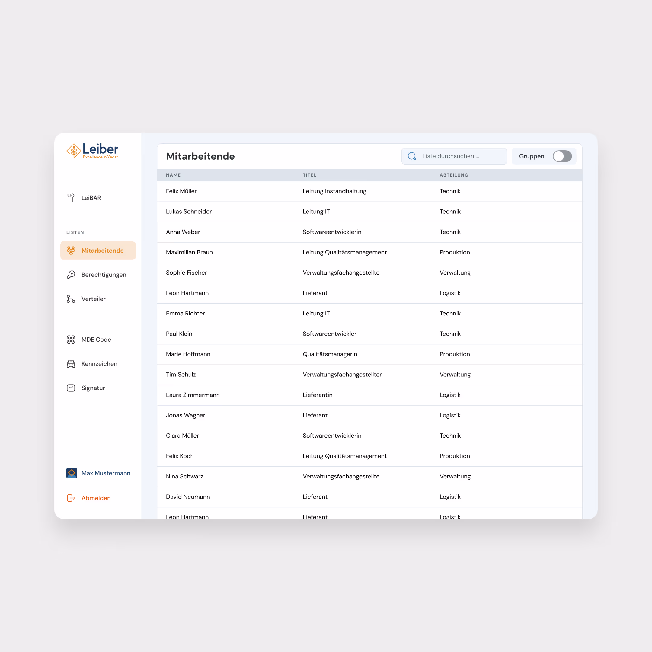 Design von dem User Interface des Mitarbeiterbereichs