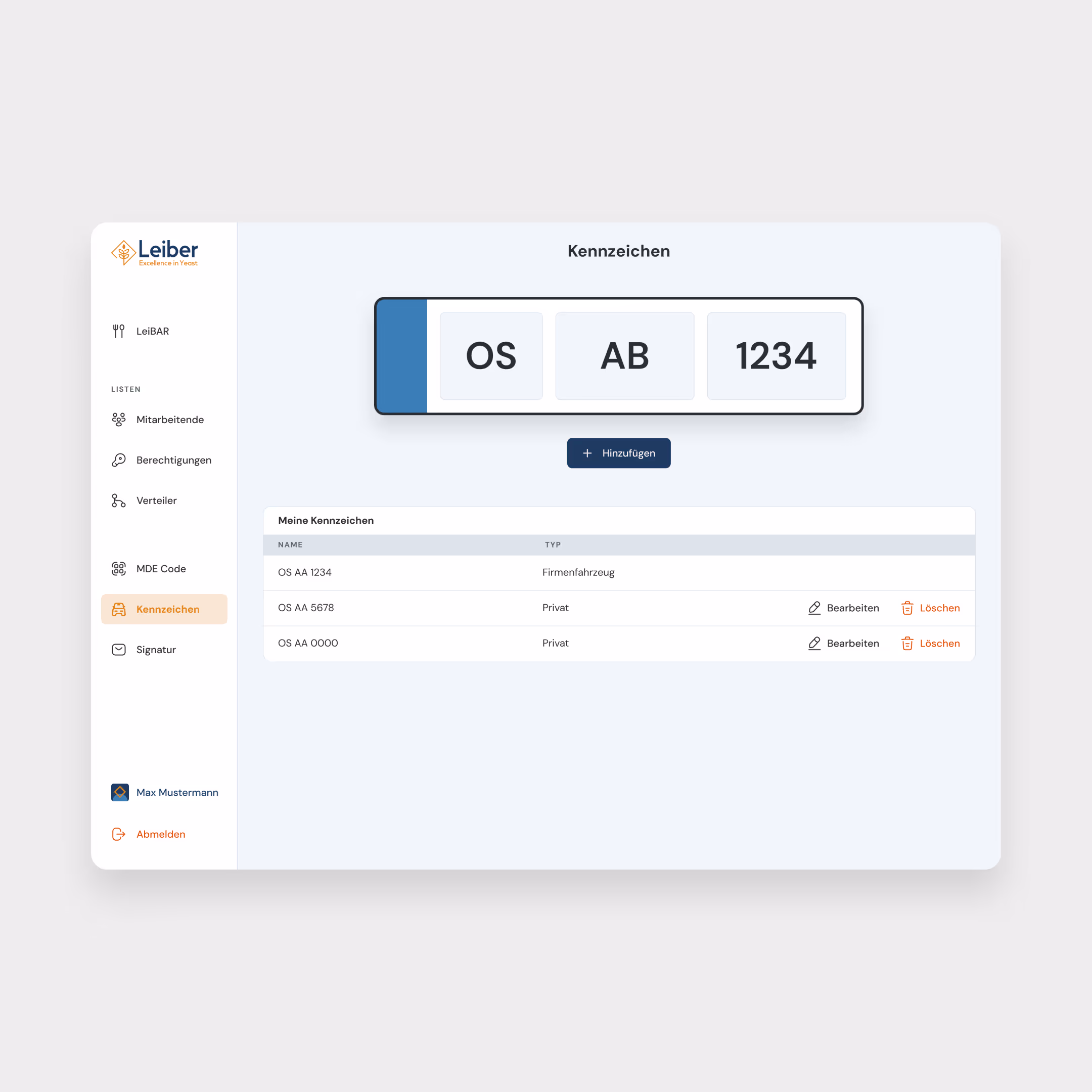 Design von dem User Interface des Kennzeichenbereichs
