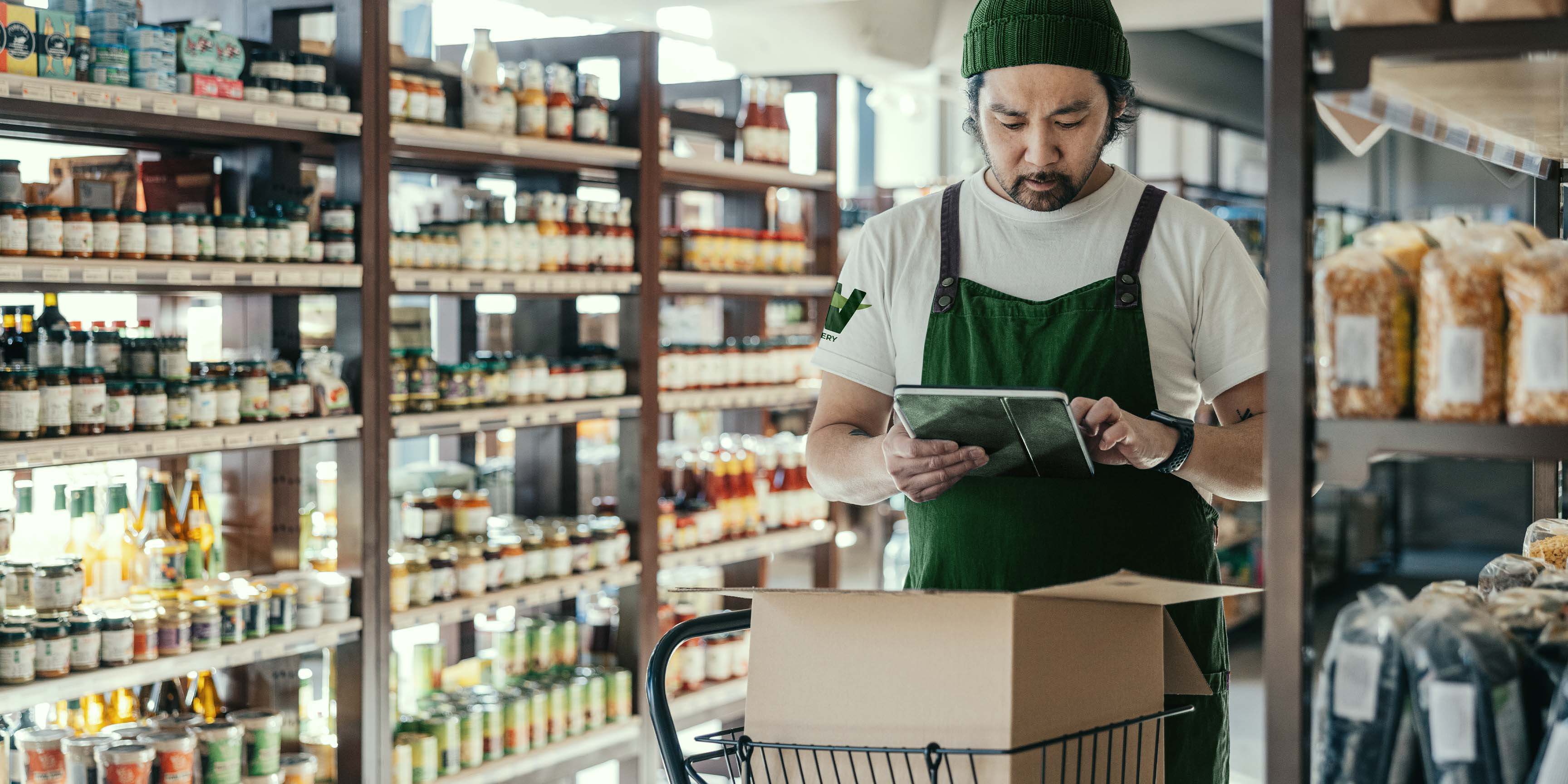 Image of an employee in a grocery store using the order picker app on a tablet to gather an online order