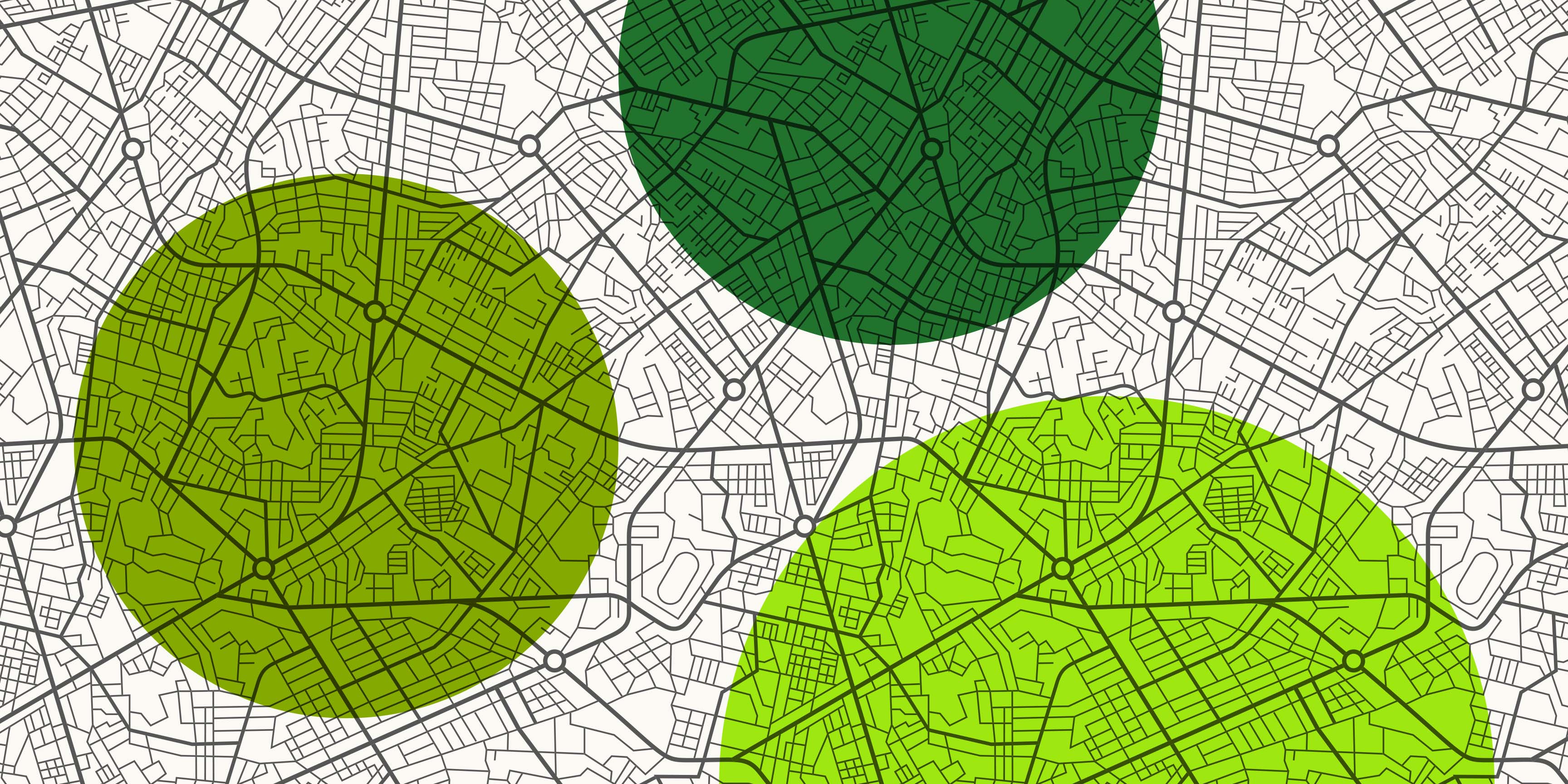 A green and white patterned map displaying three prominent circles.