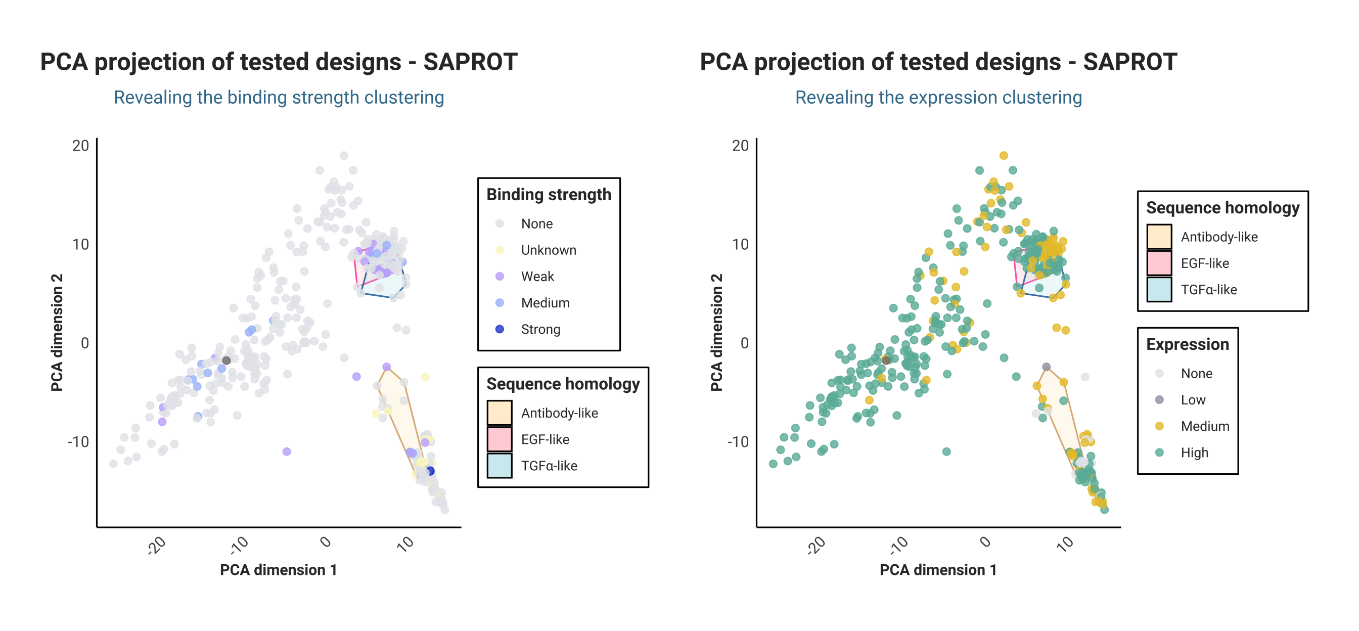 SaProt embeddings of tested submissions, coloured by binding strength and expression level, with homology-based clusters.