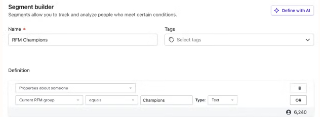 Klaviyo segment builder showing an RFM Champions segment, built with the condition Properties about someone > Current RFM group > equals > Champions.