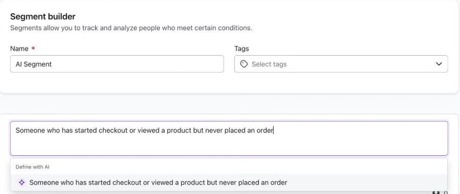 AI segment builder converting a plain-language prompt into a live condition