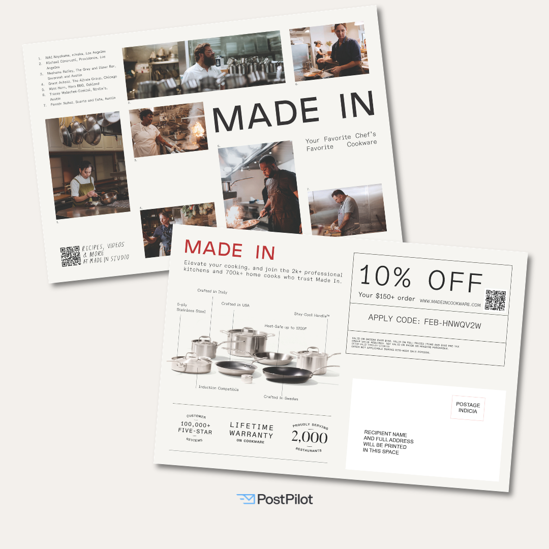 Example of Made In’s abandoned cart postcard, featuring hero cookware imagery and a 10% off $100 offer