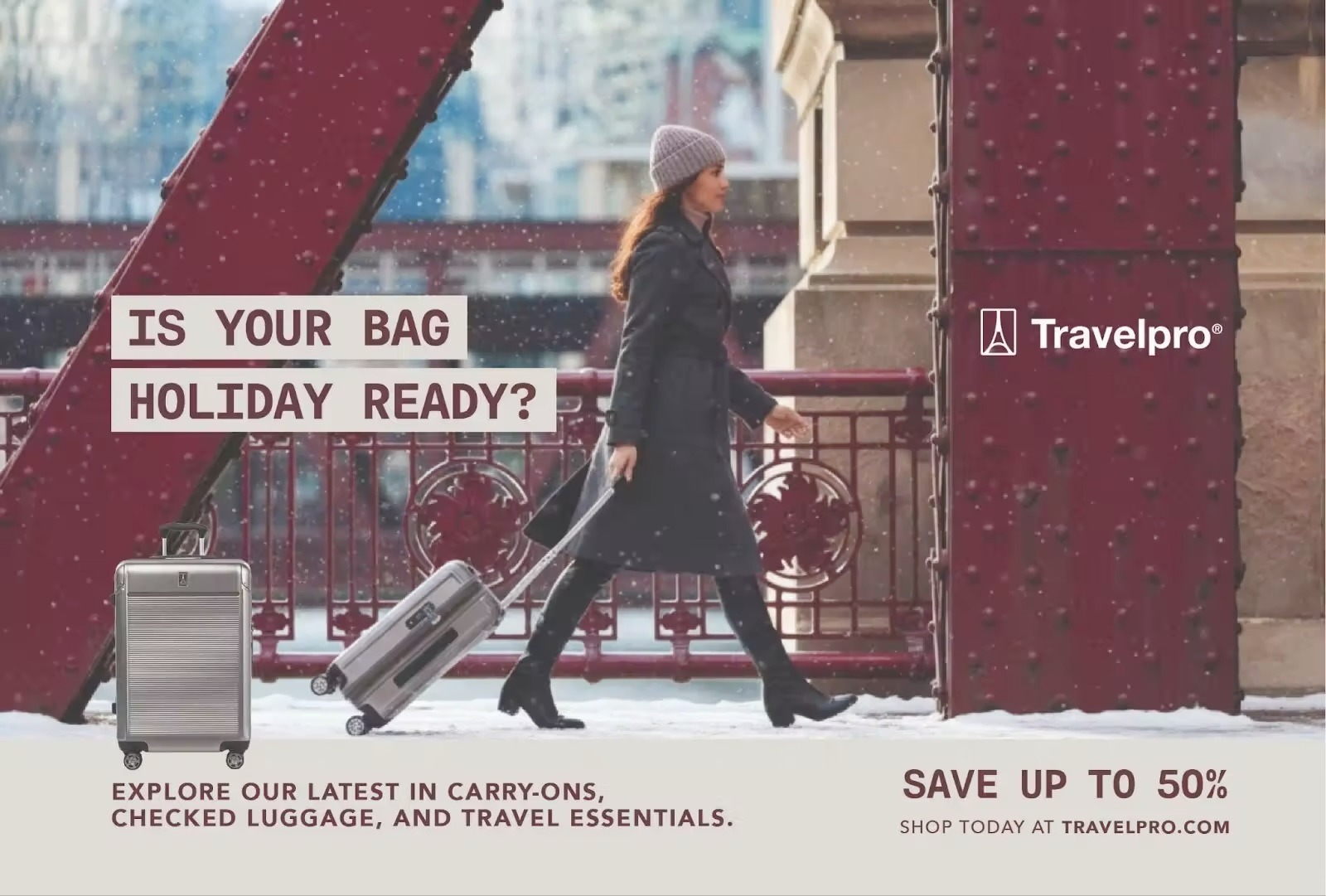 Example of Travelpro’s abandoned checkout postcard, targeting first-time checkout abandoners during BFCM