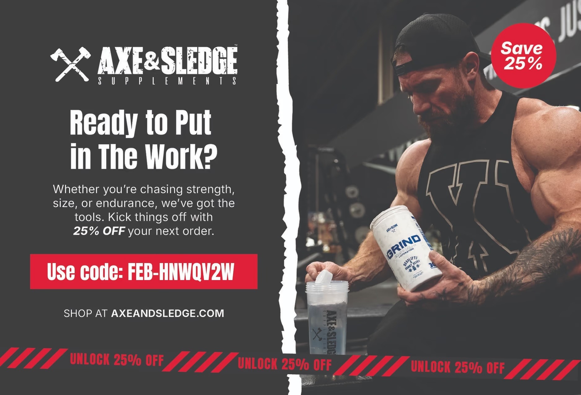 Example of Axe & Sledge’s winback postcard, offering lapsed high-value customers a 25% come-back discount code