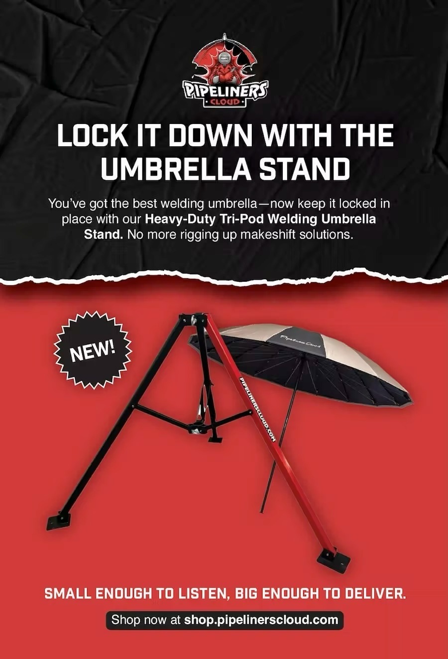 Example of Pipeliners Cloud’s post-purchase postcard, recommending a matching umbrella stand to customers who bought a welding umbrella