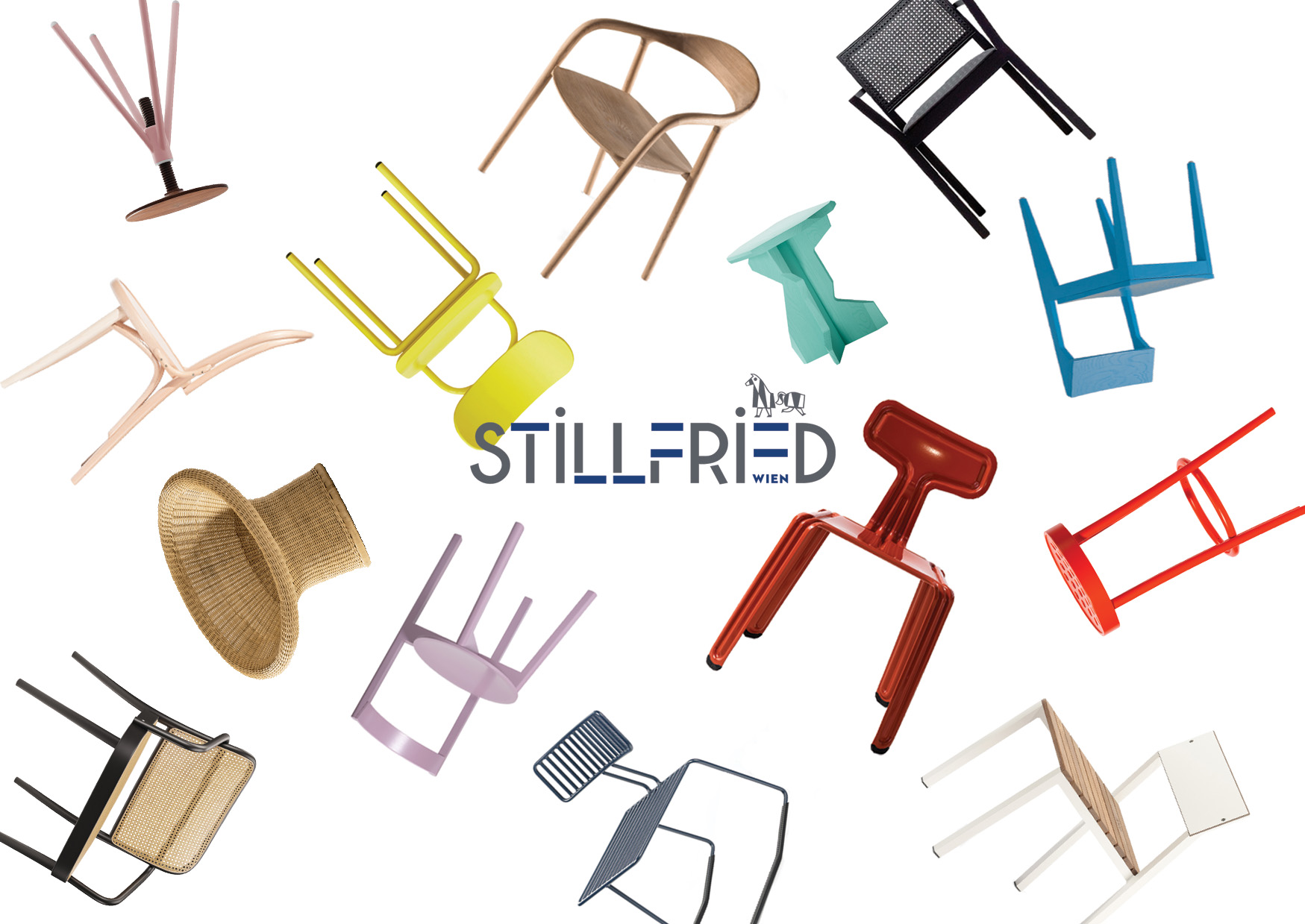 a postcard designed with falling chairs on it