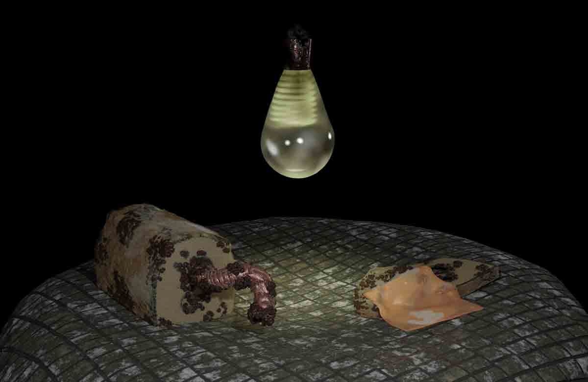 3D rendering of a loaf of moldy bread partially sliced on a textured surface, illuminated by a hanging light bulb with a warm glow on a black background.