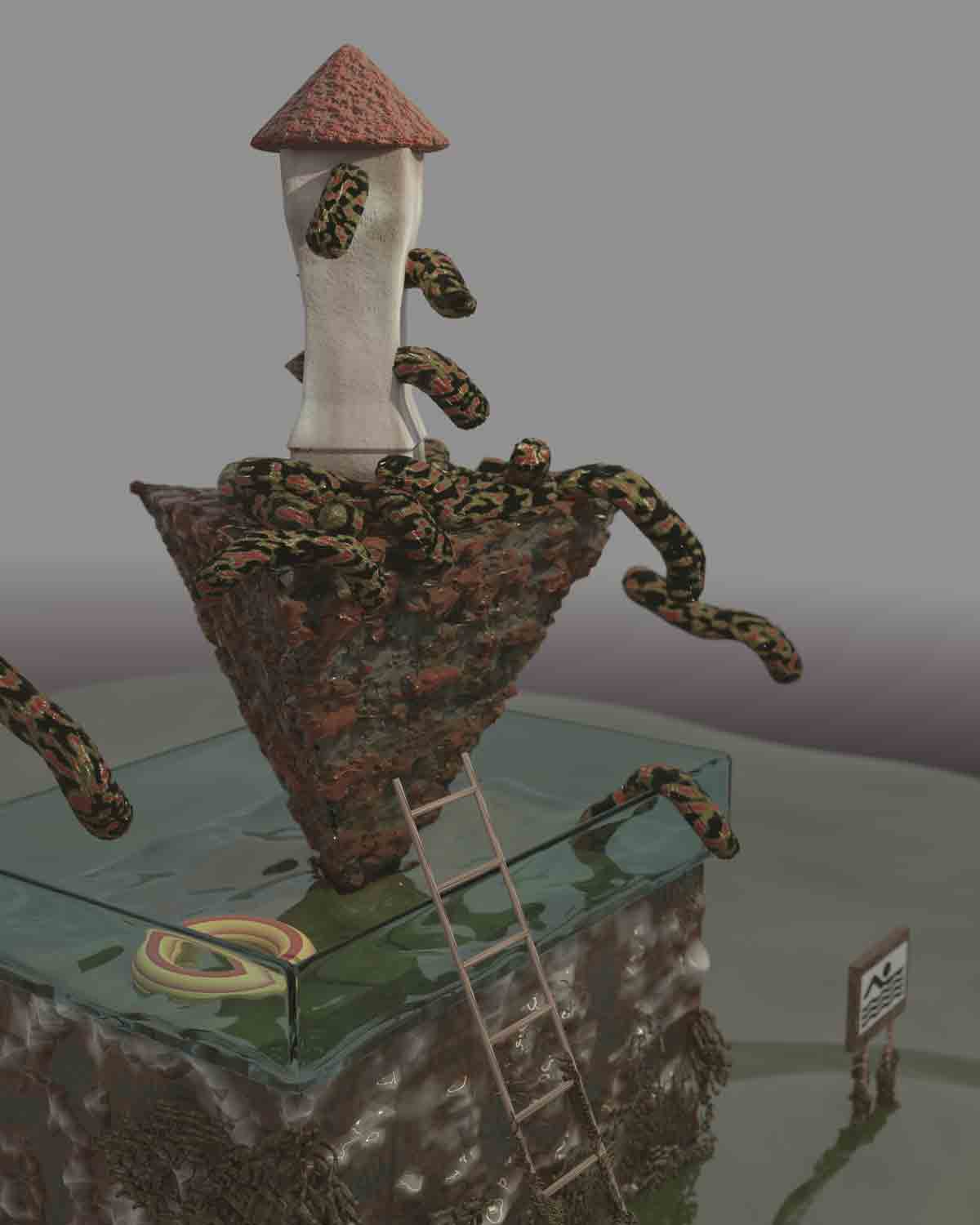 Surreal sculpture of a house-like tower on a floating triangular rock base with snake-like creatures emerging and a ladder leaning on the base.