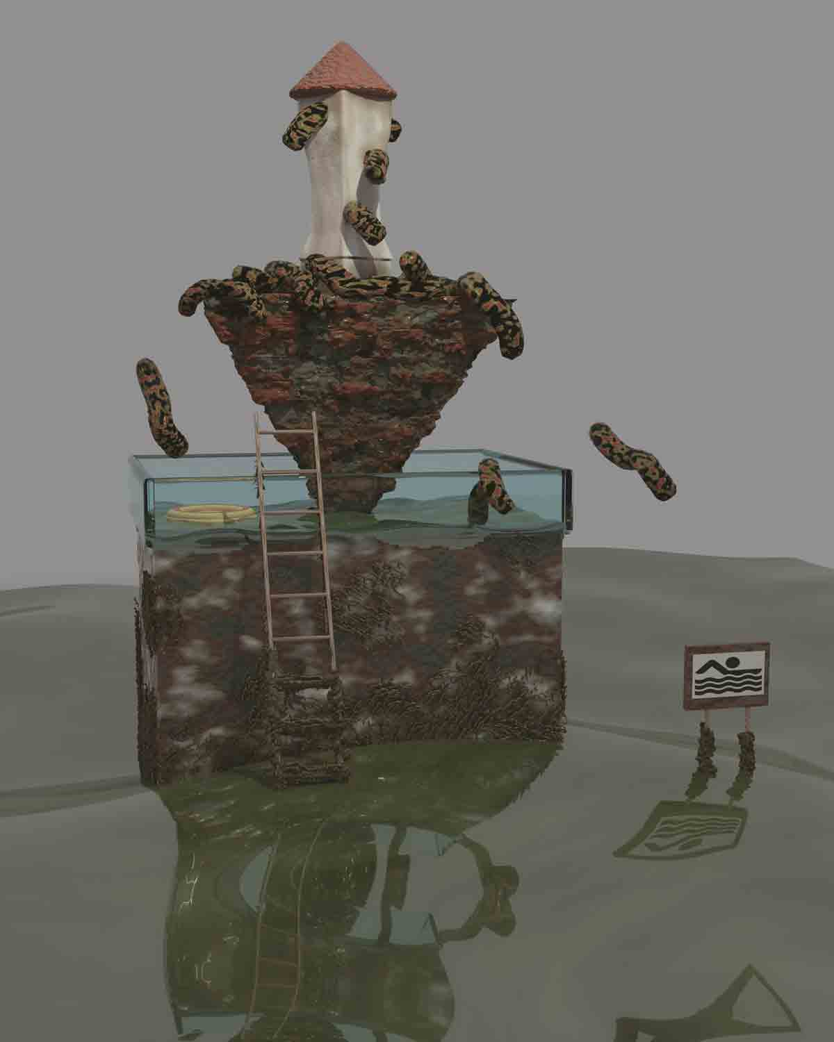 Surreal scene of a floating inverted brick structure with a chimney above a transparent pool with ladder, surrounded by floating caterpillar-like creatures and a swimming sign in water.