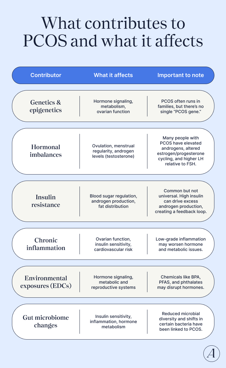 What contributes to PCOS and what it affects