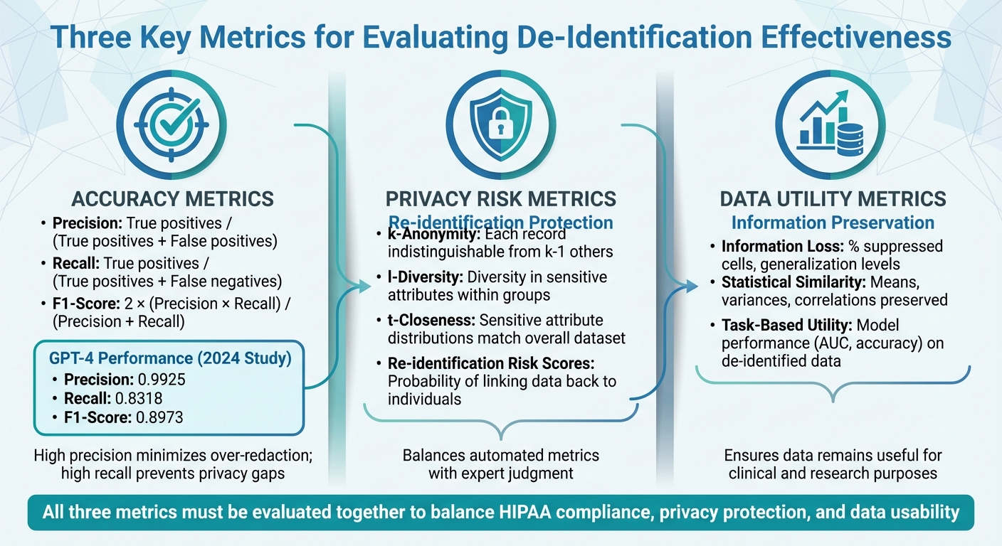 Three Key Metrics for Evaluating Healthcare De-Identification Effectiveness