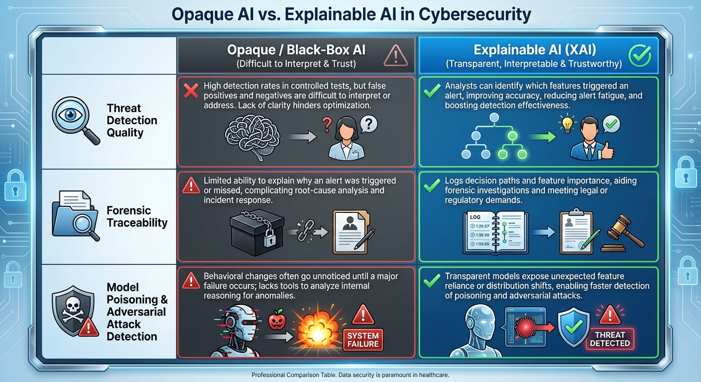Opaque AI vs Explainable AI in Healthcare Cybersecurity Comparison
