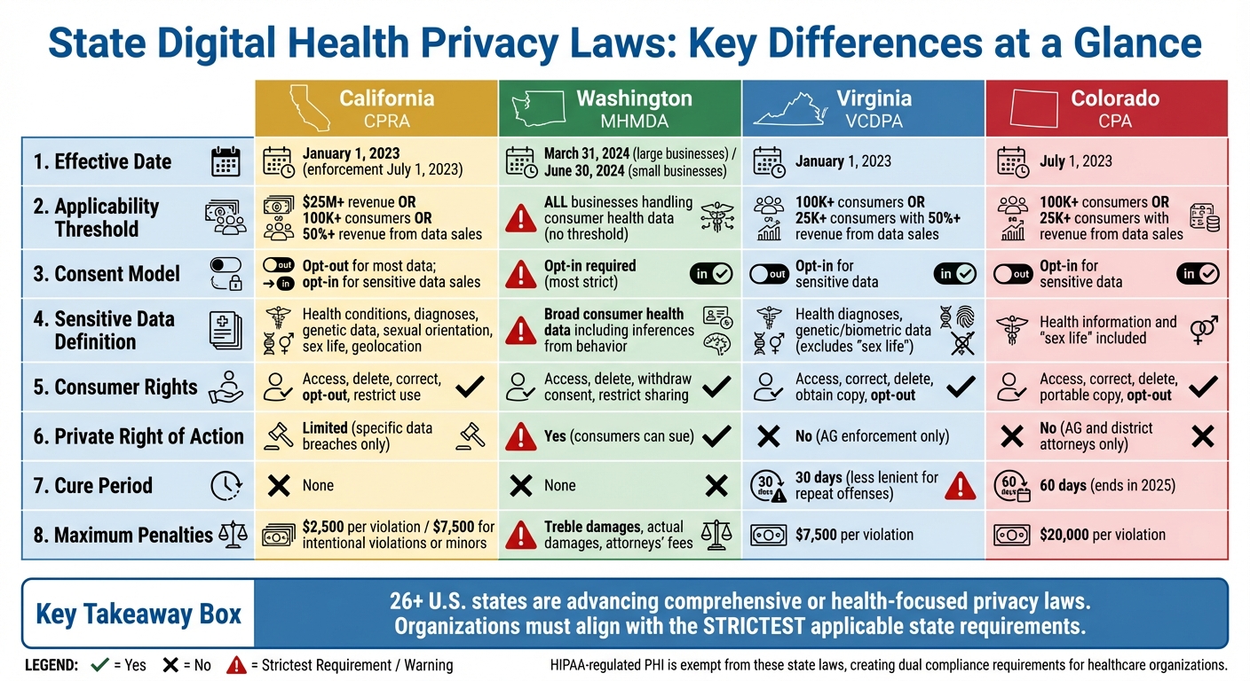 State Digital Health Privacy Laws Comparison: California, Washington, Virginia, and Colorado
