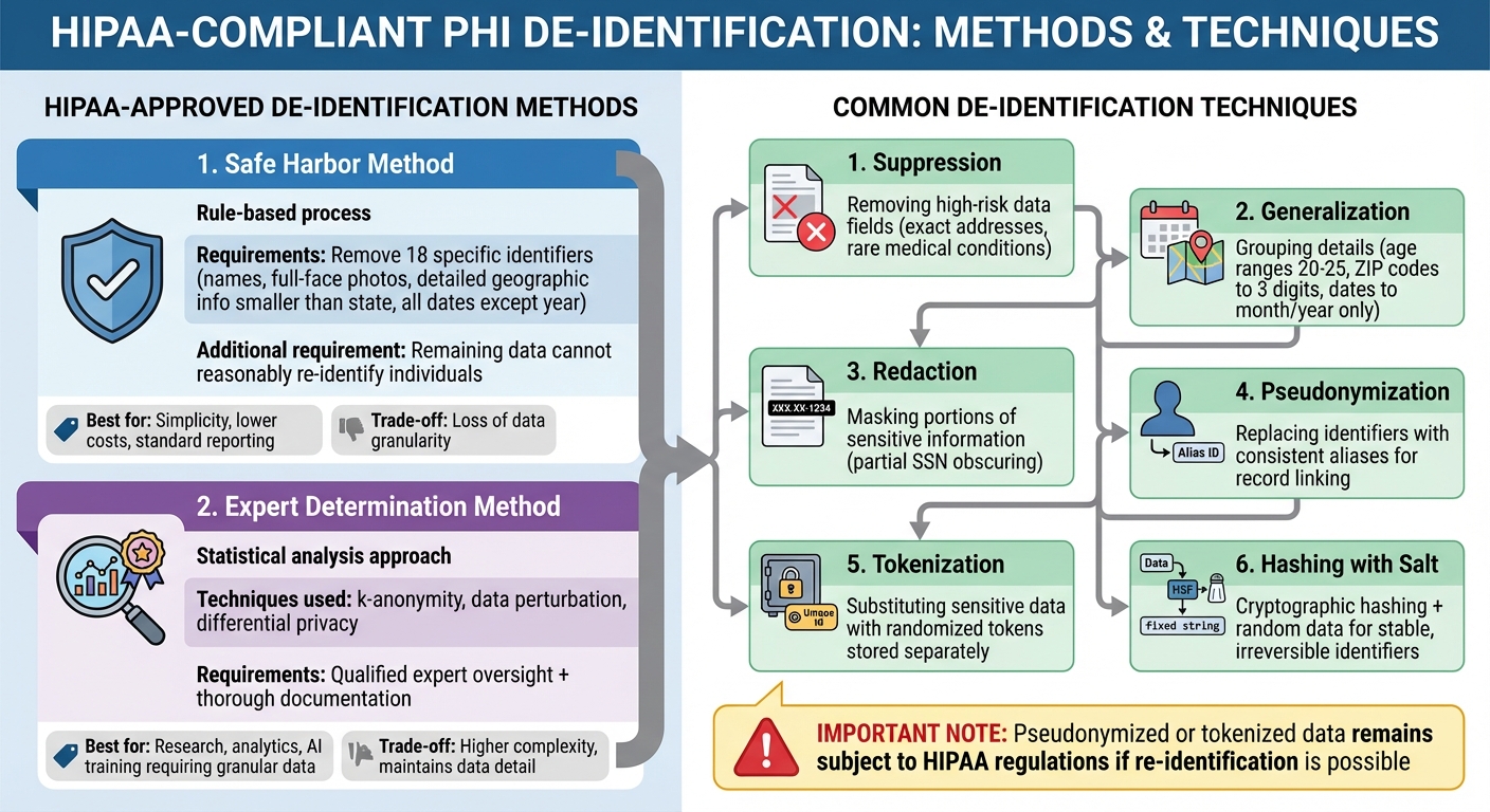 HIPAA-Compliant PHI De-Identification Methods and Techniques