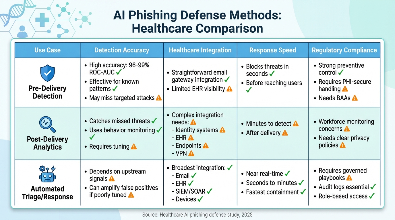 AI Phishing Defense Methods in Healthcare: Accuracy, Integration, Speed & Compliance Comparison